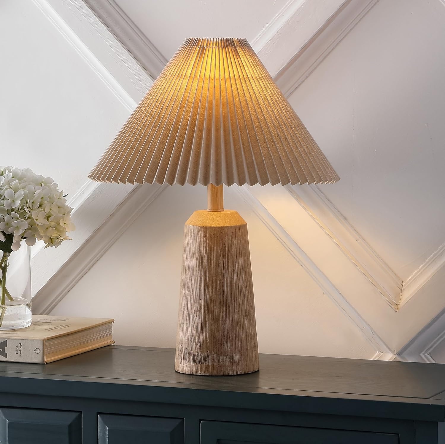 image:imageJONATHAN Y 205 Black Wood Finish Resin Cylinder Table Lamp Modern Rustic Scandinavian Bedside Lamp for Living Room Bedroom with Black Pleated Empire Shade LED Bulb Included JYL1146BBeige Wood Finish