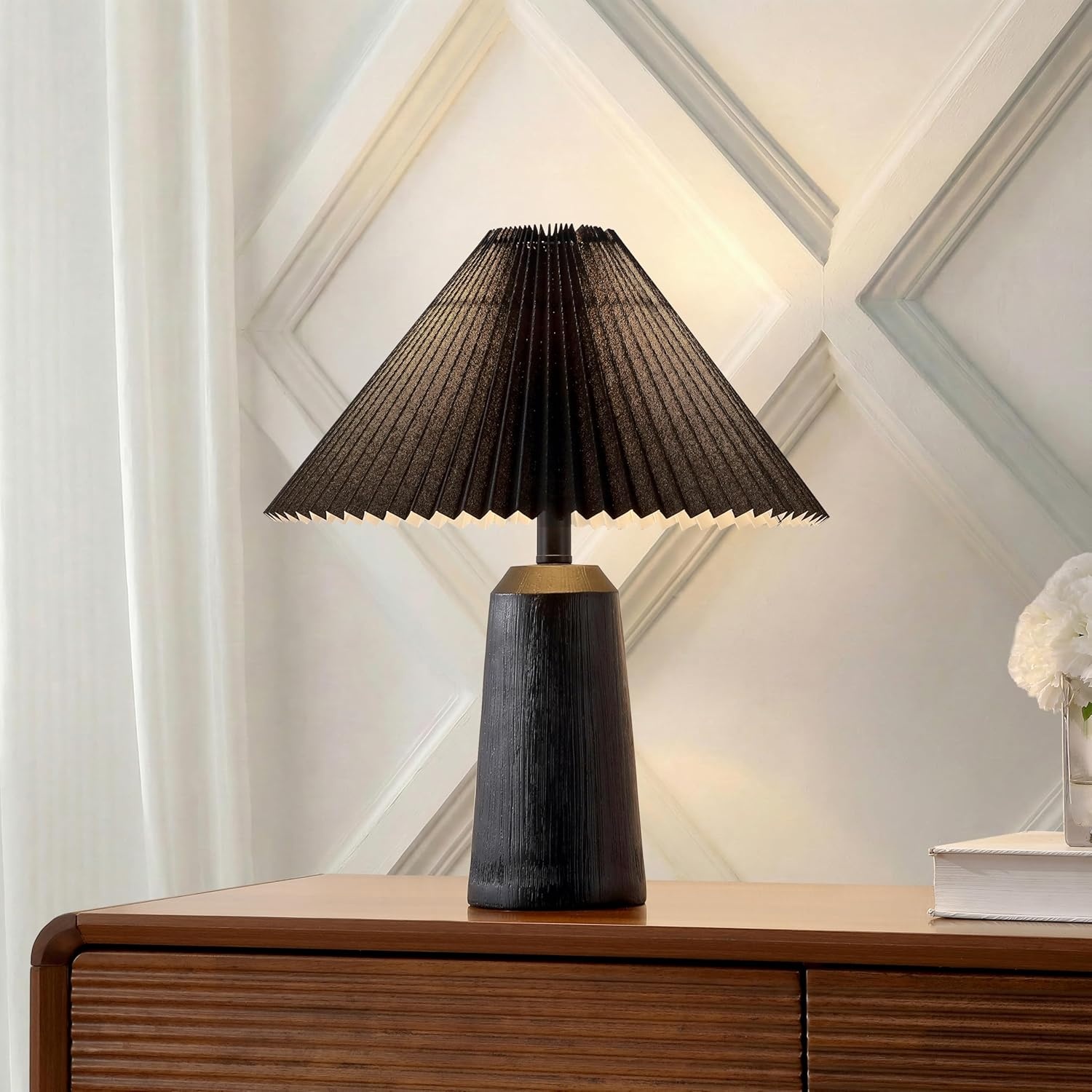 image:imageJONATHAN Y 205 Black Wood Finish Resin Cylinder Table Lamp Modern Rustic Scandinavian Bedside Lamp for Living Room Bedroom with Black Pleated Empire Shade LED Bulb Included JYL1146BBlack Wood Finish