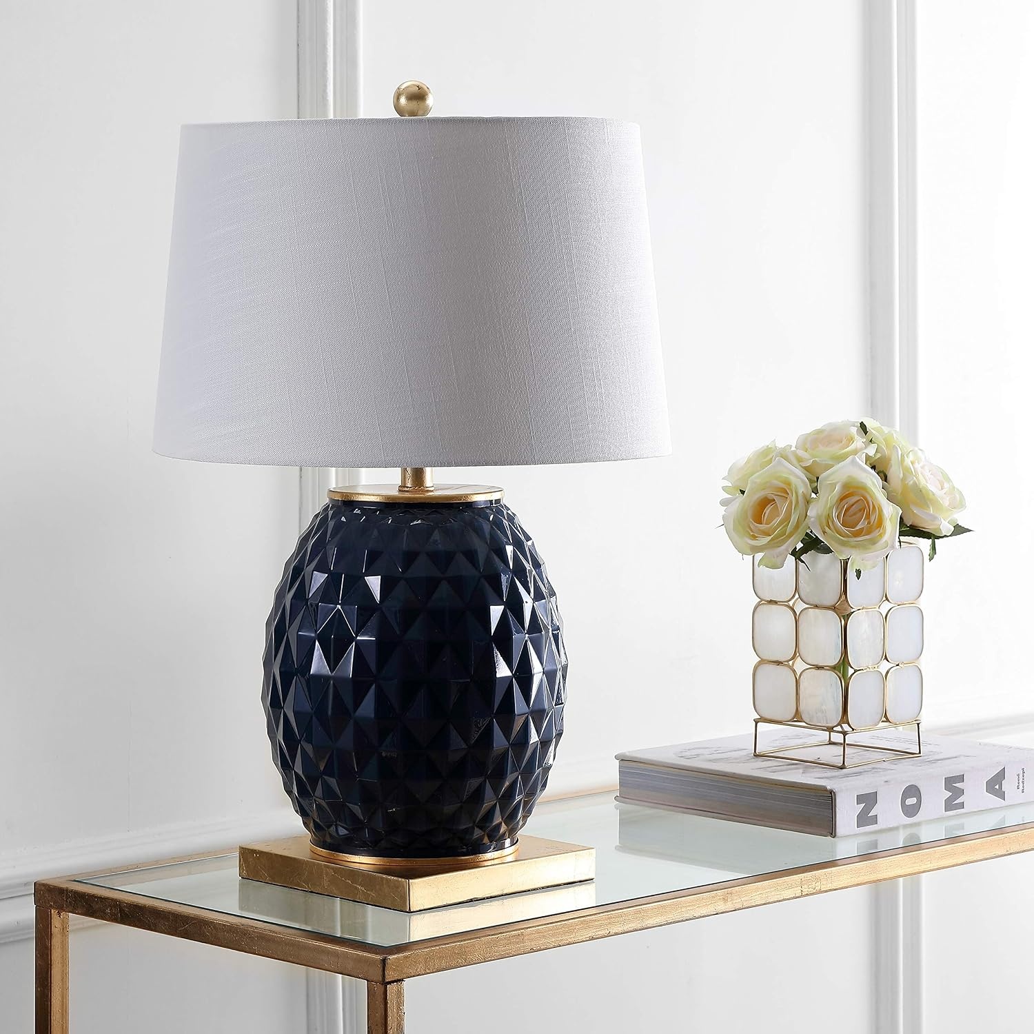 image:imageJONATHAN Y 255 NavyGold Leaf Modern Diamond Table Lamp for Living Room Bedroom Nightstand White Linen Drum Shade Gold Leaf Accents LED Bulb Included Glam Decor JYL5043BNavyGold