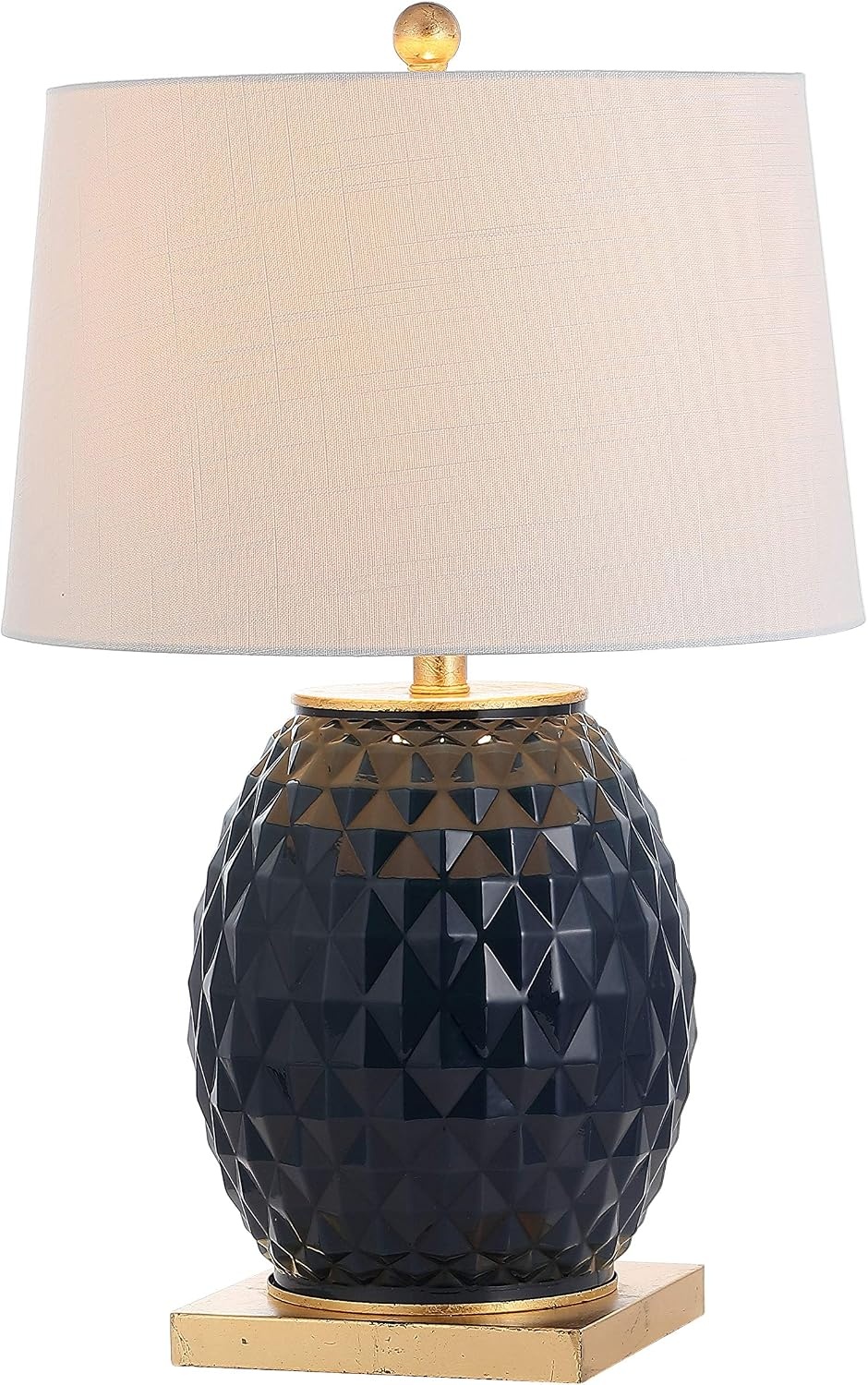 image:imageJONATHAN Y 255 NavyGold Leaf Modern Diamond Table Lamp for Living Room Bedroom Nightstand White Linen Drum Shade Gold Leaf Accents LED Bulb Included Glam Decor JYL5043BNavyGold