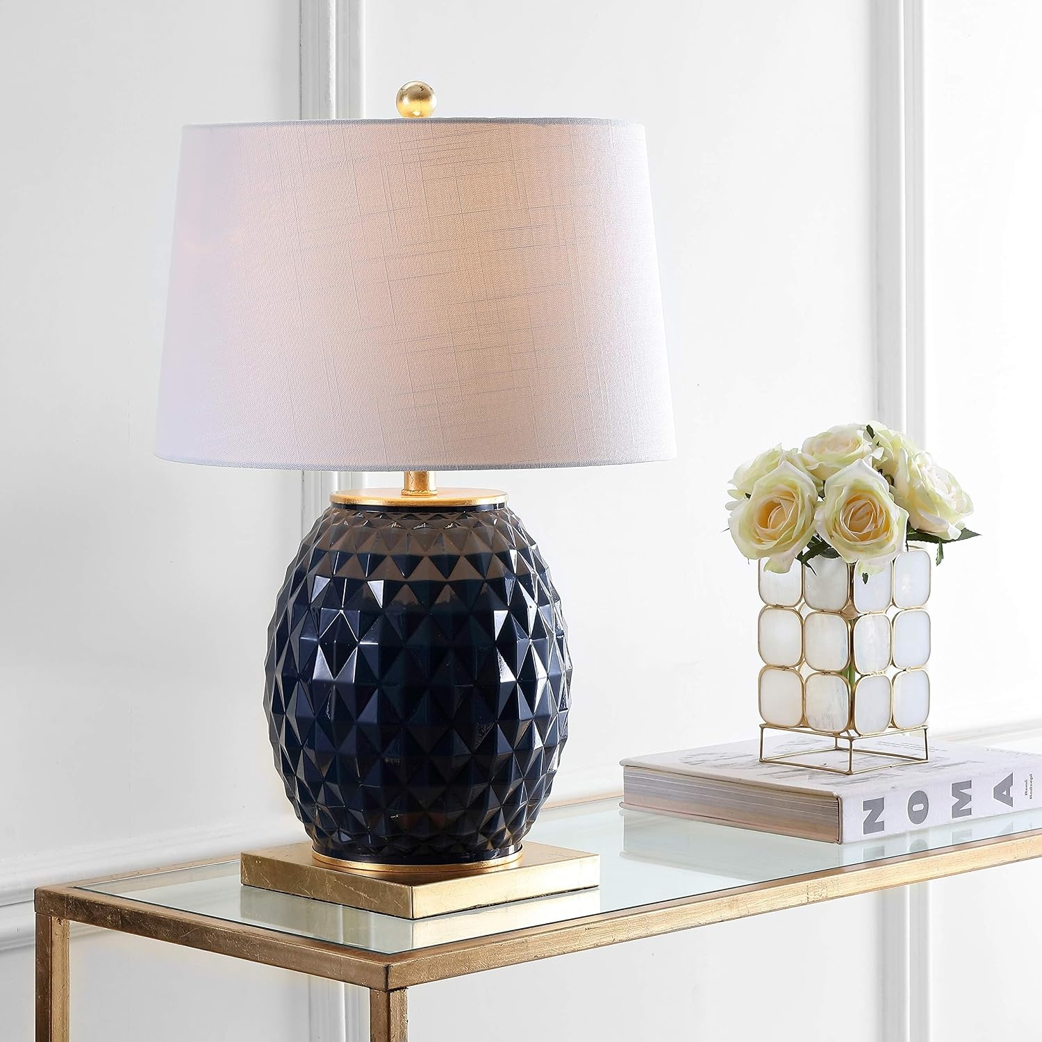 image:imageJONATHAN Y 255 NavyGold Leaf Modern Diamond Table Lamp for Living Room Bedroom Nightstand White Linen Drum Shade Gold Leaf Accents LED Bulb Included Glam Decor JYL5043BNavyGold