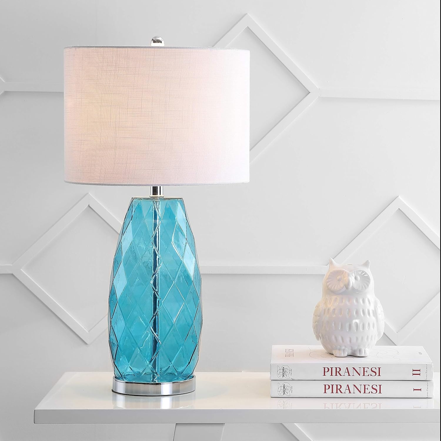 image:imageJONATHAN Y 265 Moroccan Blue Glass Table Lamp Modern Faceted Bedside Lamp White Linen Drum Shade Chrome Base LED Bulb Included for Bedroom Living Room Nightstand JYL4009BMoroccan Blue
