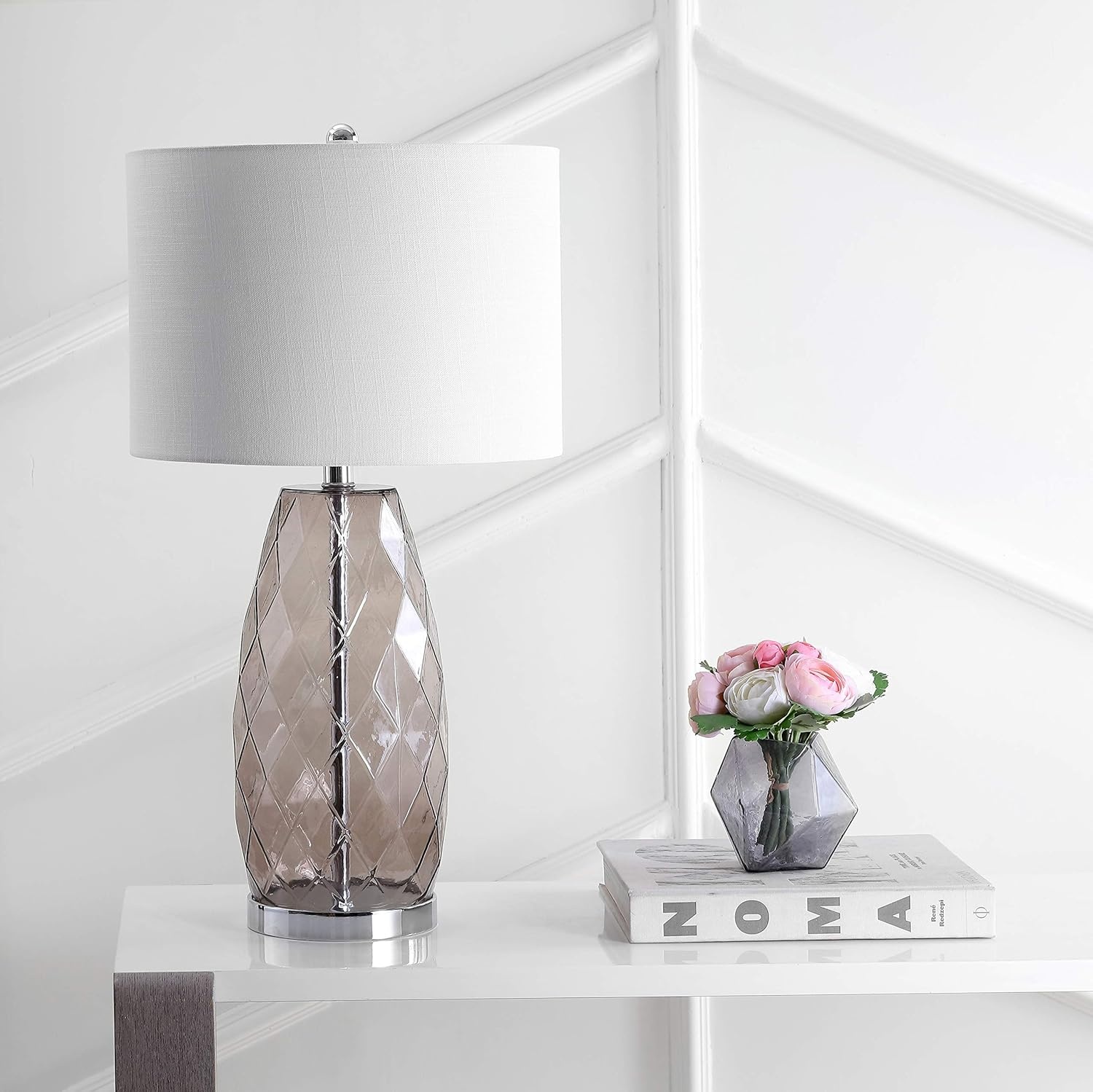 image:imageJONATHAN Y 265 Moroccan Blue Glass Table Lamp Modern Faceted Bedside Lamp White Linen Drum Shade Chrome Base LED Bulb Included for Bedroom Living Room Nightstand JYL4009BSmoked Gray