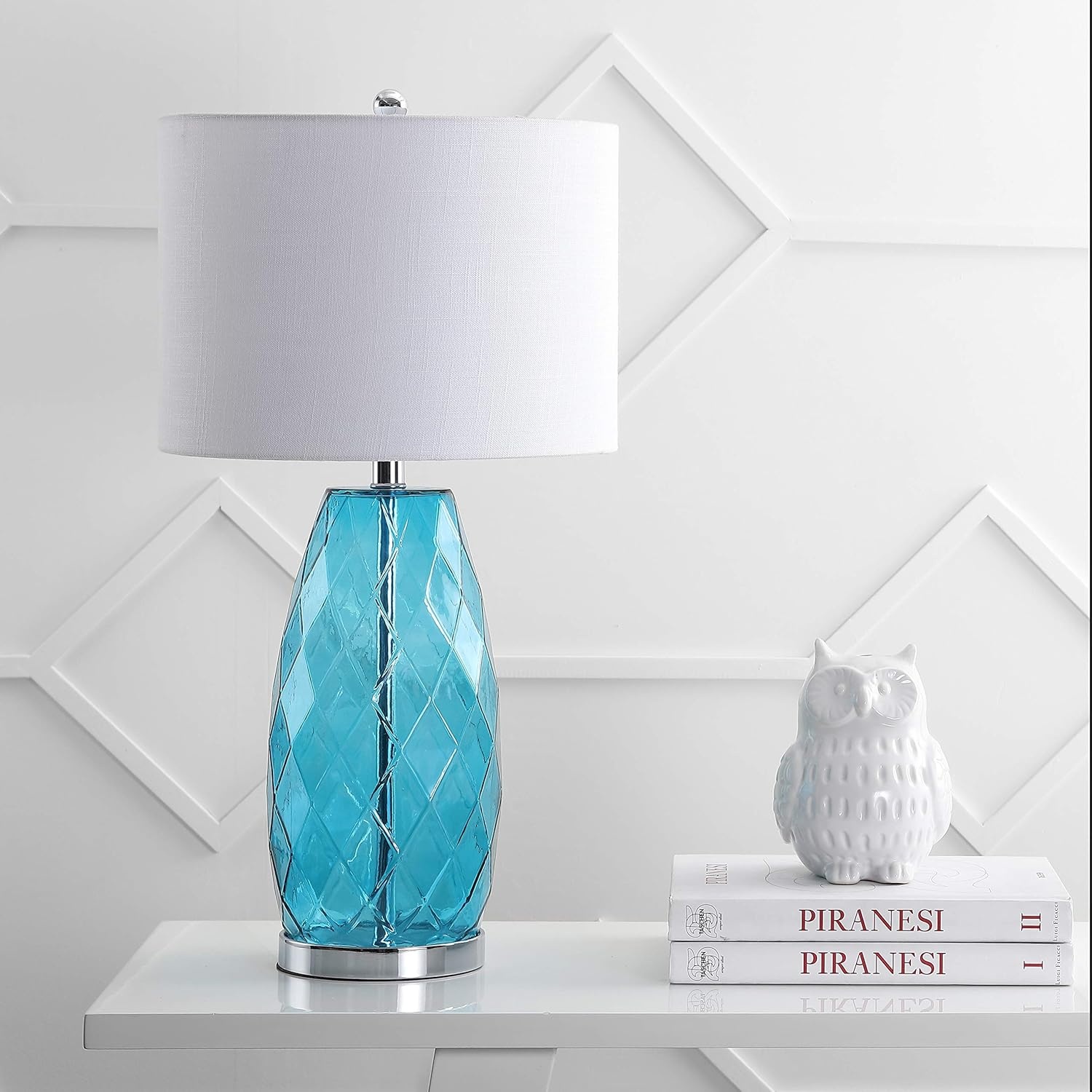 image:imageJONATHAN Y 265 Moroccan Blue Glass Table Lamp Modern Faceted Bedside Lamp White Linen Drum Shade Chrome Base LED Bulb Included for Bedroom Living Room Nightstand JYL4009BMoroccan Blue