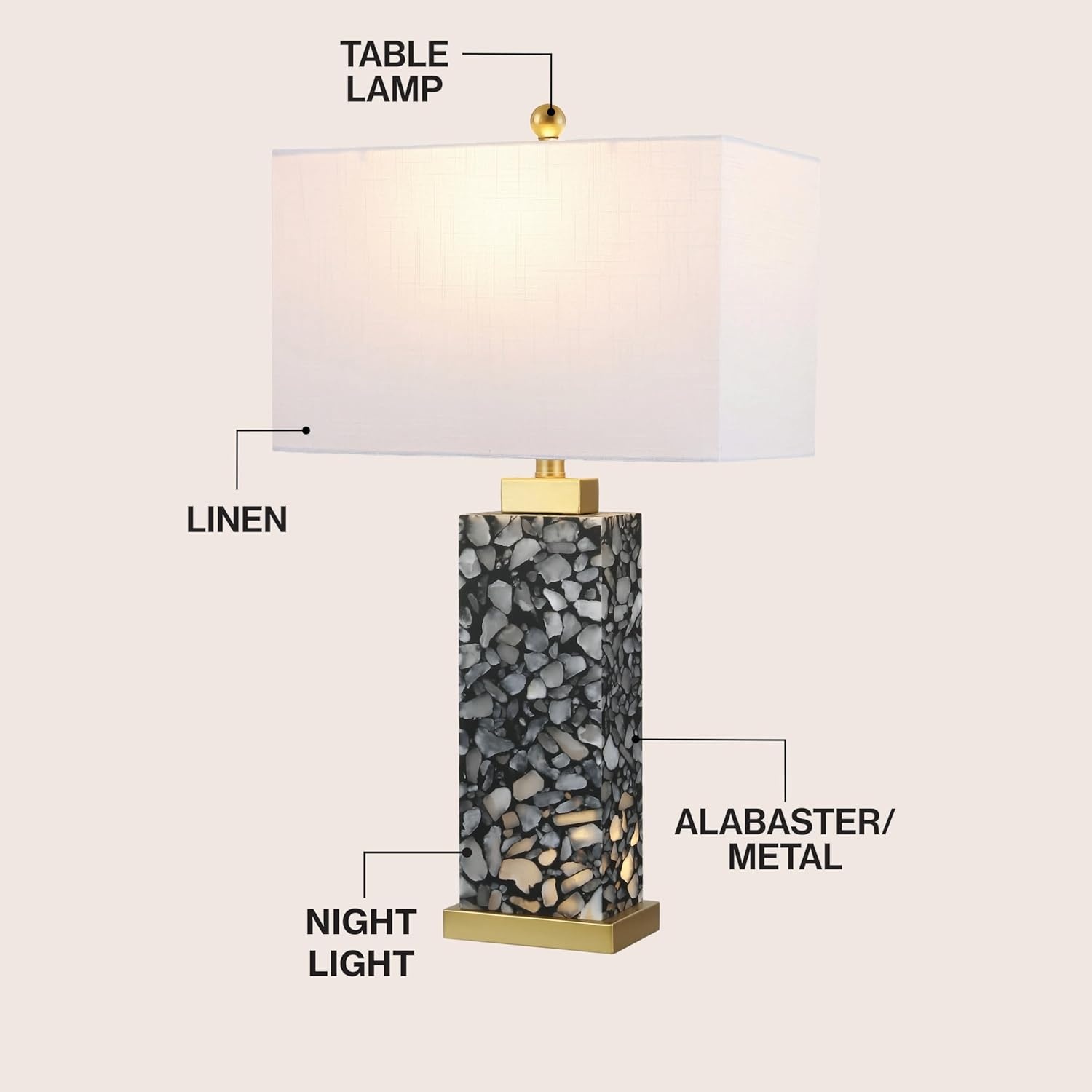 image:imageJONATHAN Y 275 Black Alabaster Gold Rectangular Table Lamp with Night Light Contemporary Coastal Bedside Lamp for Bedroom with White Linen Shade LED Bulbs Included JYL6201CBlackGold Painting