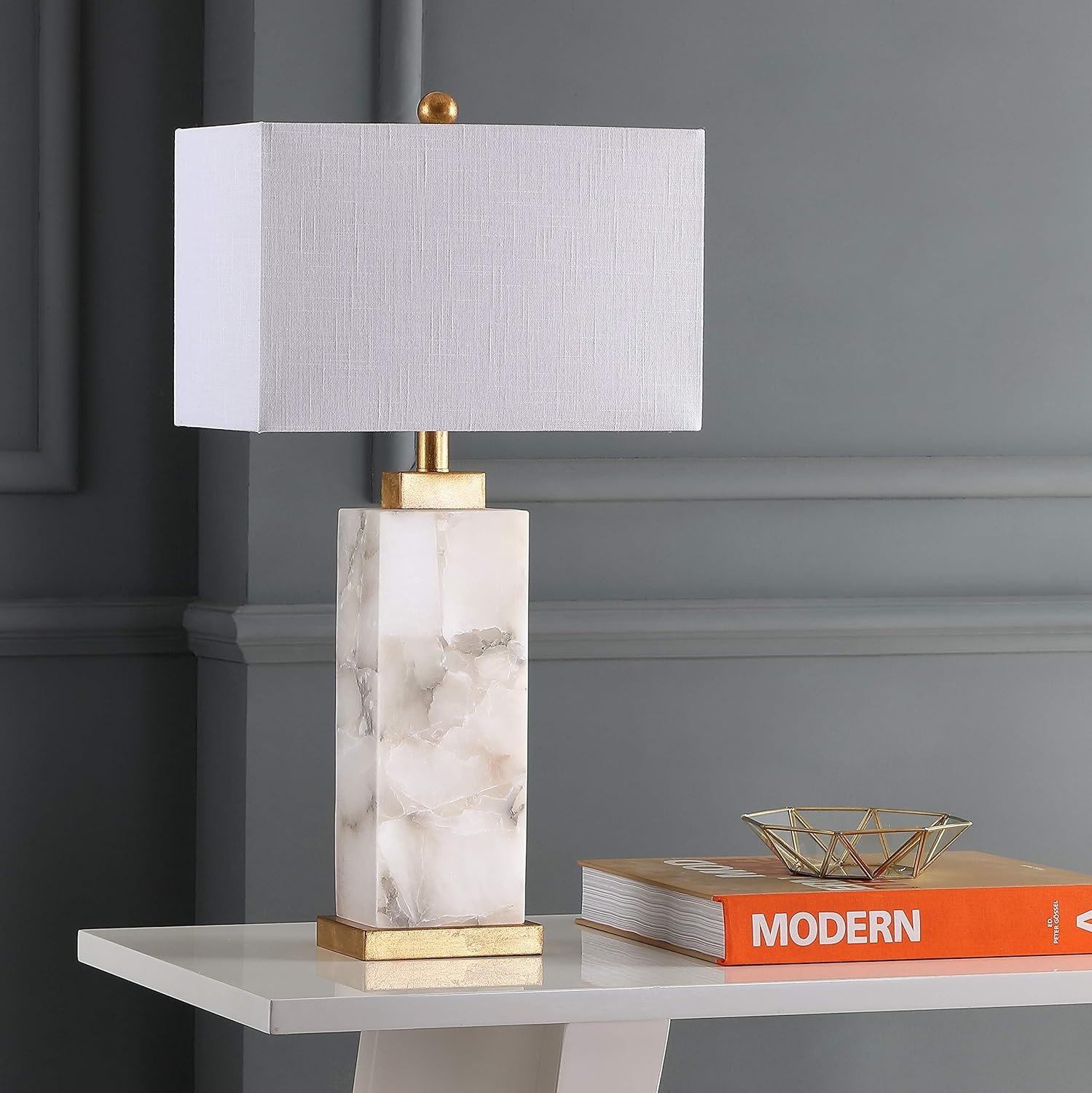 image:imageJONATHAN Y 275 Black Alabaster Gold Rectangular Table Lamp with Night Light Contemporary Coastal Bedside Lamp for Bedroom with White Linen Shade LED Bulbs Included JYL6201CWhiteGold Leaf