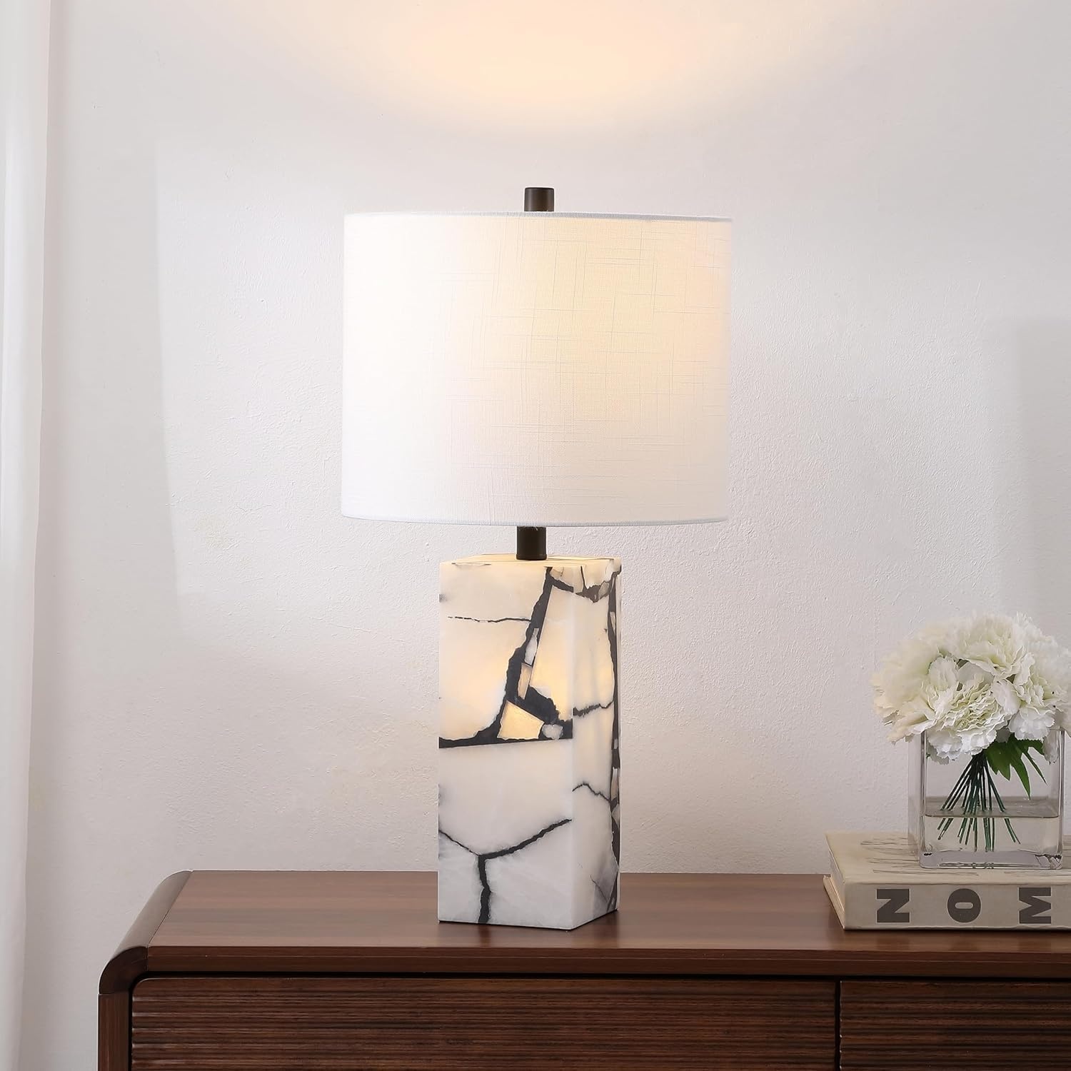 image:imageJONATHAN Y 275 Black Alabaster Gold Rectangular Table Lamp with Night Light Contemporary Coastal Bedside Lamp for Bedroom with White Linen Shade LED Bulbs Included JYL6201CBlack White