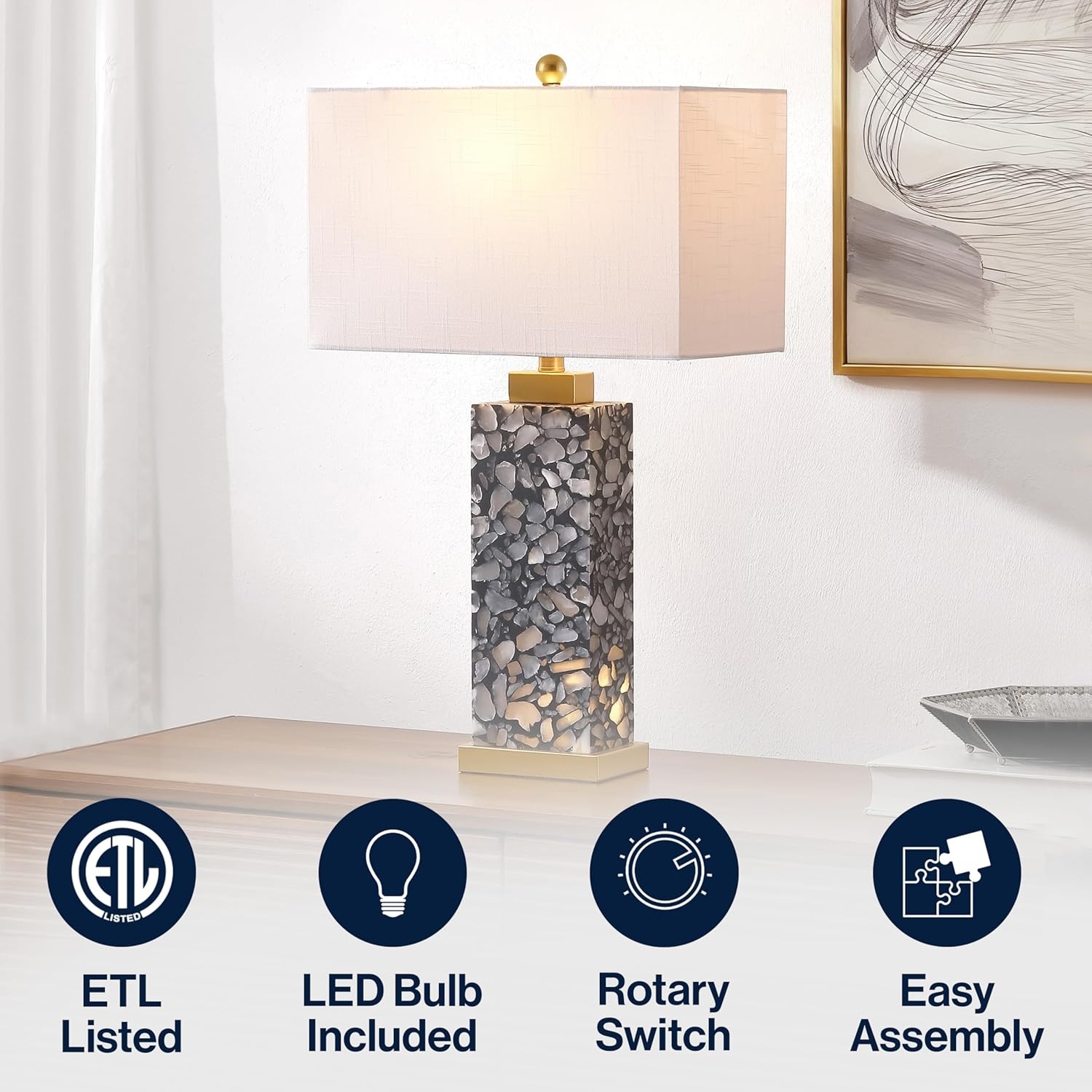 image:imageJONATHAN Y 275 Black Alabaster Gold Rectangular Table Lamp with Night Light Contemporary Coastal Bedside Lamp for Bedroom with White Linen Shade LED Bulbs Included JYL6201CBlackGold Painting
