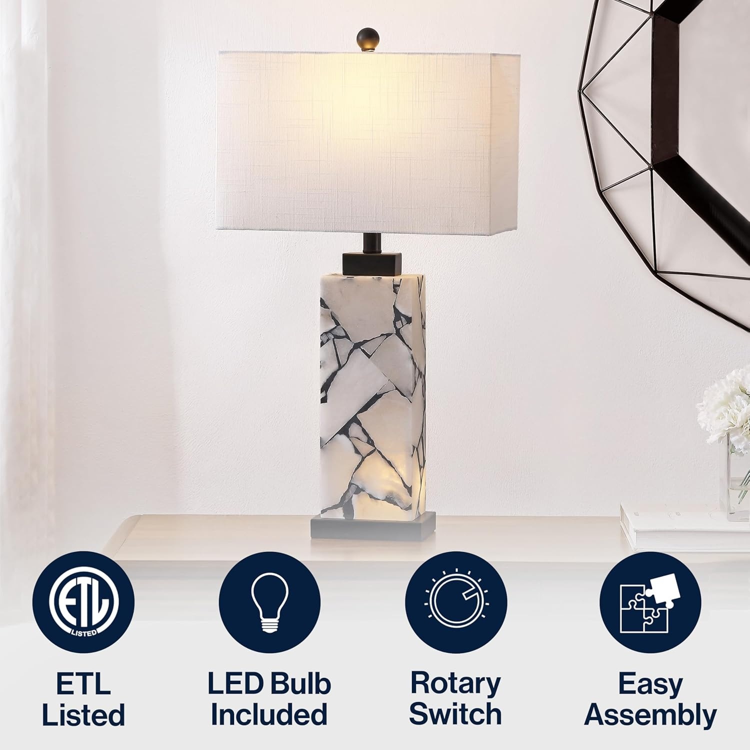 image:imageJONATHAN Y 275 Black Alabaster Gold Rectangular Table Lamp with Night Light Contemporary Coastal Bedside Lamp for Bedroom with White Linen Shade LED Bulbs Included JYL6201CWhiteBlack