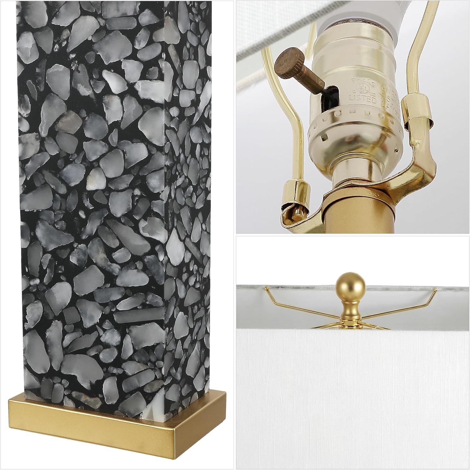 image:imageJONATHAN Y 275 Black Alabaster Gold Rectangular Table Lamp with Night Light Contemporary Coastal Bedside Lamp for Bedroom with White Linen Shade LED Bulbs Included JYL6201CBlackGold Painting