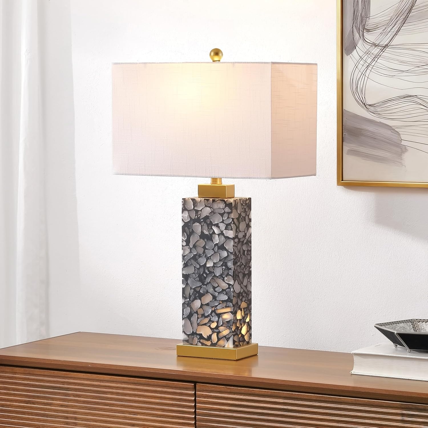 image:imageJONATHAN Y 275 Black Alabaster Gold Rectangular Table Lamp with Night Light Contemporary Coastal Bedside Lamp for Bedroom with White Linen Shade LED Bulbs Included JYL6201CBlackGold Painting