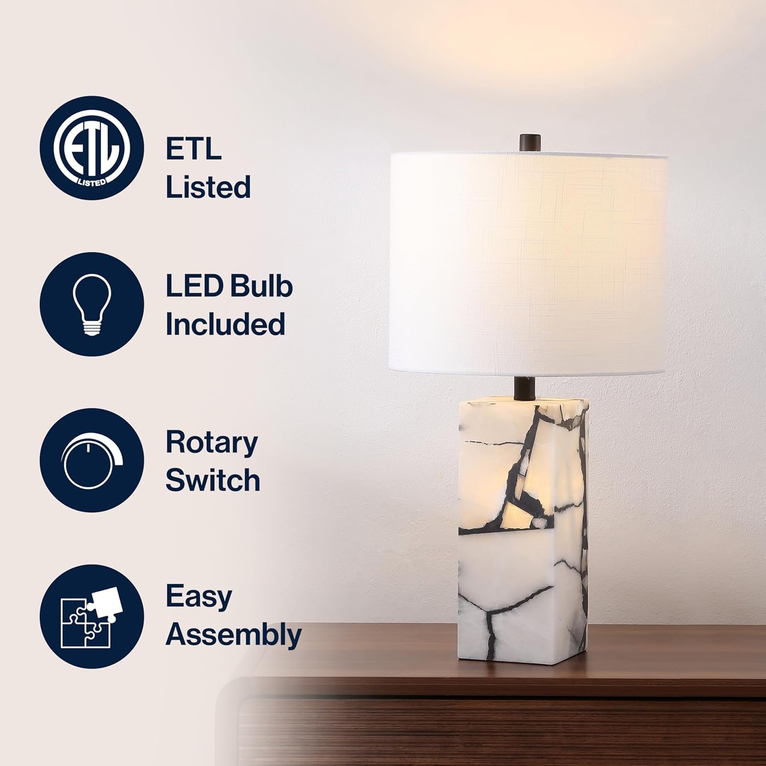image:imageJONATHAN Y 275 Black Alabaster Gold Rectangular Table Lamp with Night Light Contemporary Coastal Bedside Lamp for Bedroom with White Linen Shade LED Bulbs Included JYL6201CBlack White