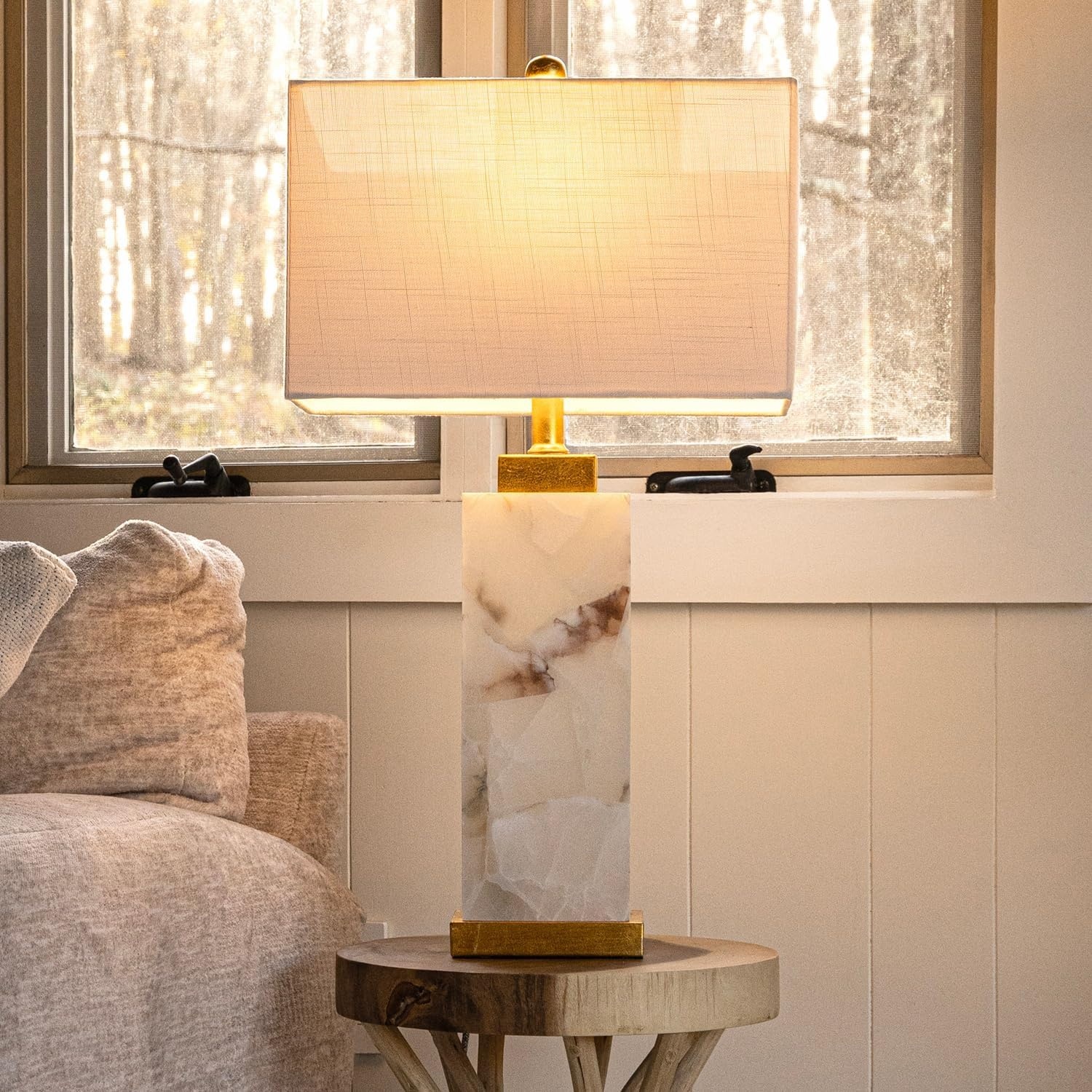 image:imageJONATHAN Y 275 Black Alabaster Gold Rectangular Table Lamp with Night Light Contemporary Coastal Bedside Lamp for Bedroom with White Linen Shade LED Bulbs Included JYL6201CWhiteGold Leaf