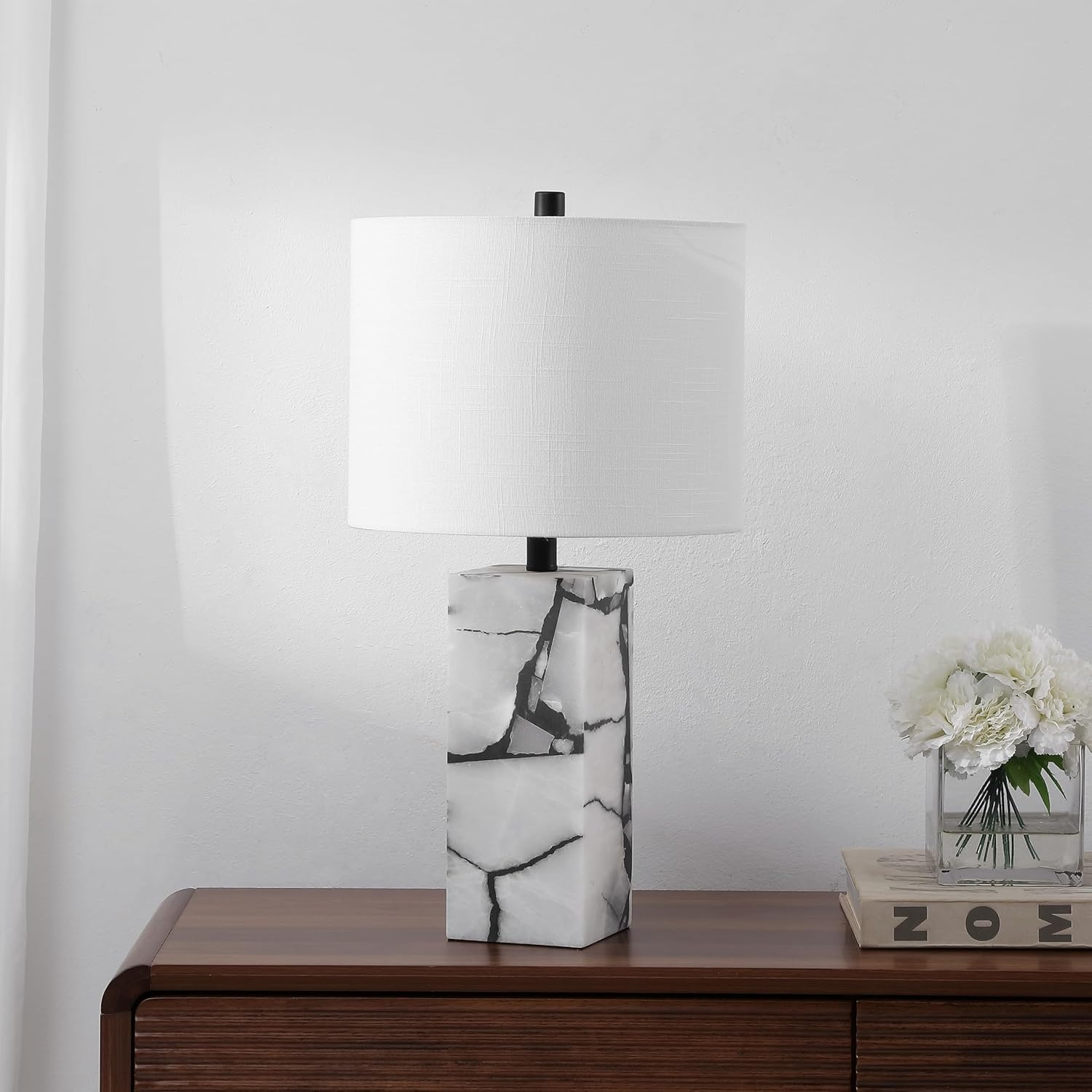 image:imageJONATHAN Y 275 Black Alabaster Gold Rectangular Table Lamp with Night Light Contemporary Coastal Bedside Lamp for Bedroom with White Linen Shade LED Bulbs Included JYL6201CBlack White