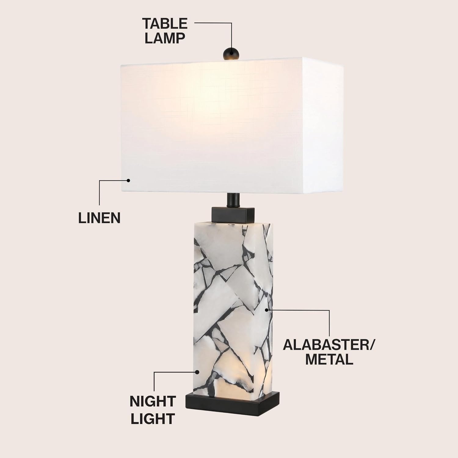 image:imageJONATHAN Y 275 Black Alabaster Gold Rectangular Table Lamp with Night Light Contemporary Coastal Bedside Lamp for Bedroom with White Linen Shade LED Bulbs Included JYL6201CWhiteBlack