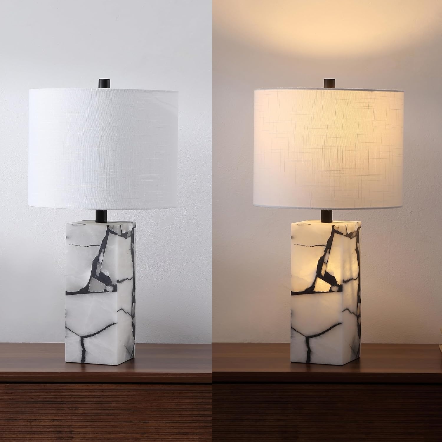 image:imageJONATHAN Y 275 Black Alabaster Gold Rectangular Table Lamp with Night Light Contemporary Coastal Bedside Lamp for Bedroom with White Linen Shade LED Bulbs Included JYL6201CBlack White