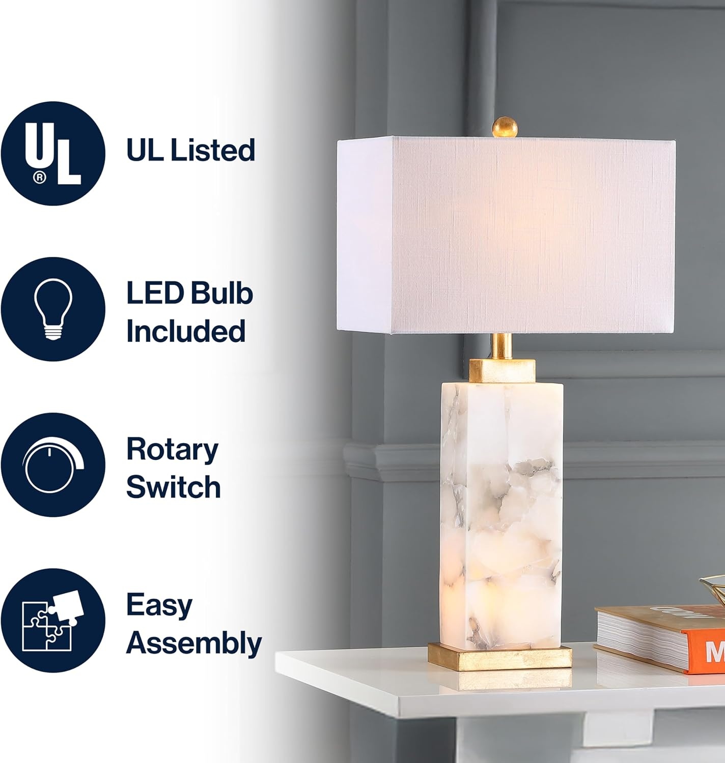 image:imageJONATHAN Y 275 Black Alabaster Gold Rectangular Table Lamp with Night Light Contemporary Coastal Bedside Lamp for Bedroom with White Linen Shade LED Bulbs Included JYL6201CWhiteGold Leaf