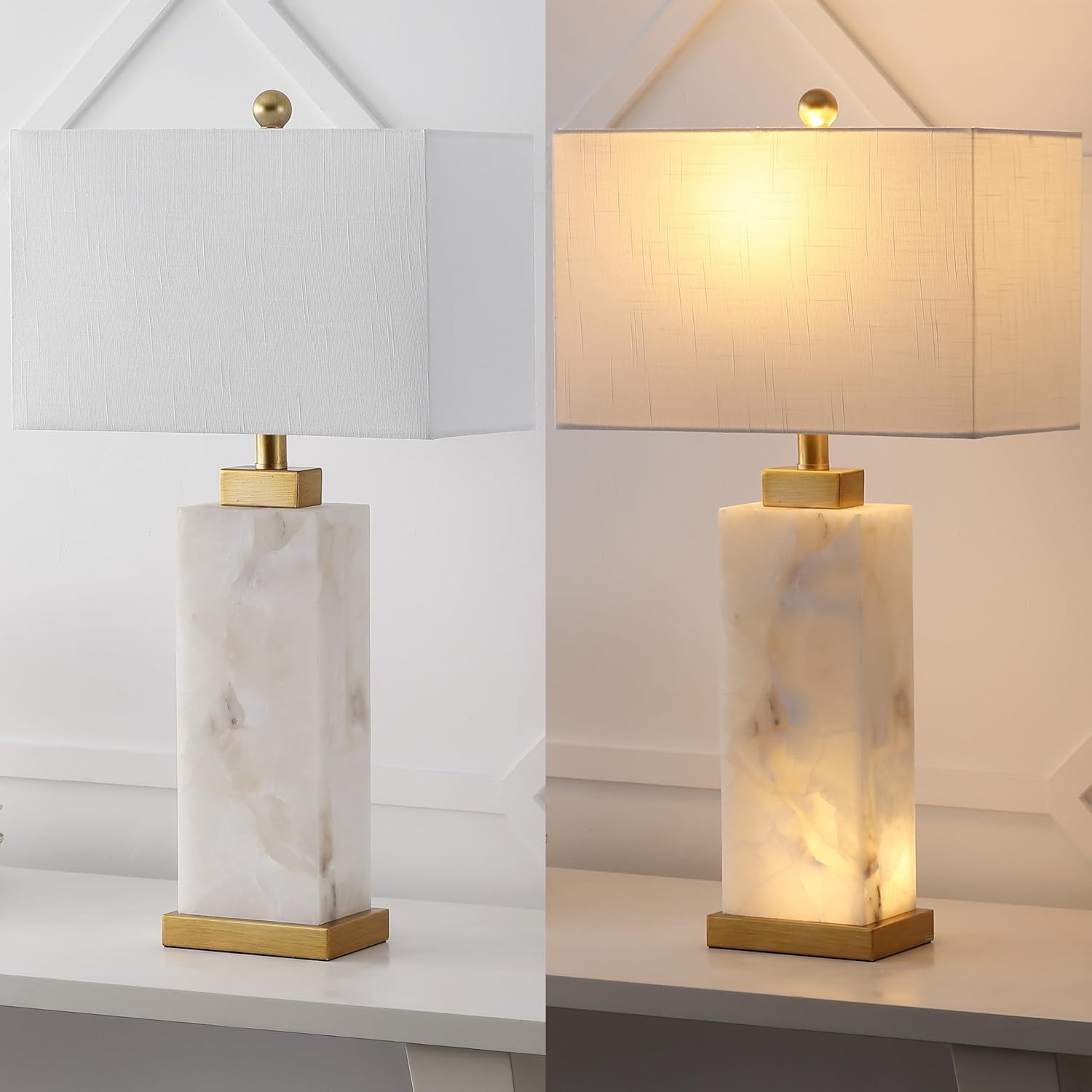 image:imageJONATHAN Y 275 Black Alabaster Gold Rectangular Table Lamp with Night Light Contemporary Coastal Bedside Lamp for Bedroom with White Linen Shade LED Bulbs Included JYL6201CWhiteGold Leaf