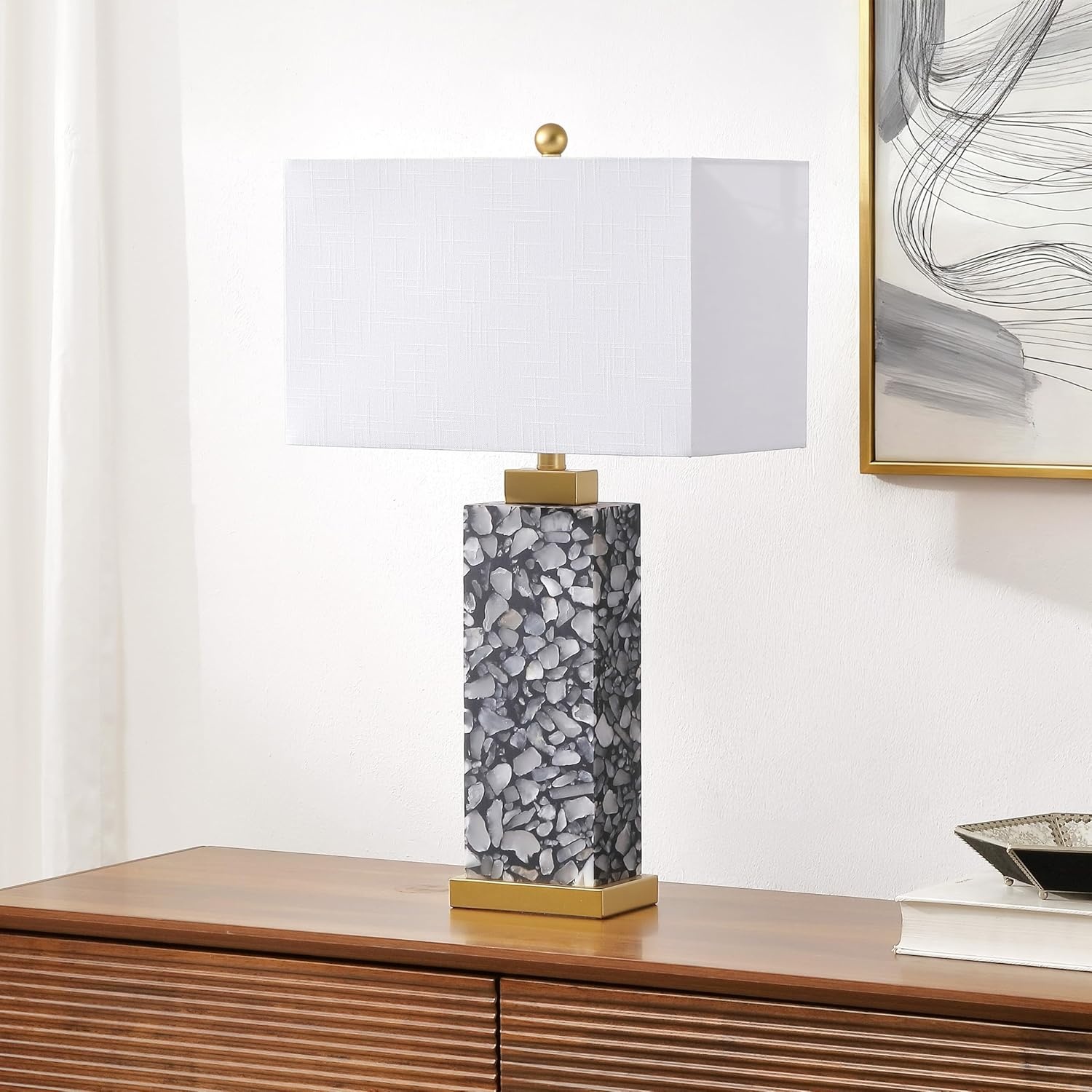 image:imageJONATHAN Y 275 Black Alabaster Gold Rectangular Table Lamp with Night Light Contemporary Coastal Bedside Lamp for Bedroom with White Linen Shade LED Bulbs Included JYL6201CBlackGold Painting