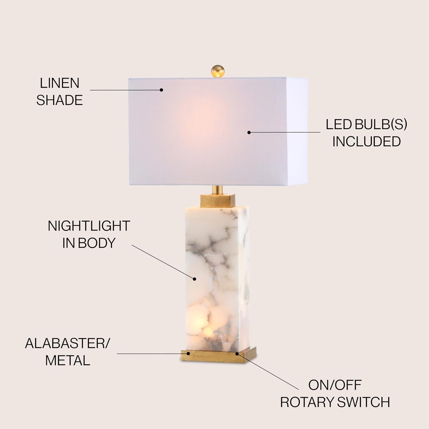 image:imageJONATHAN Y 275 Black Alabaster Gold Rectangular Table Lamp with Night Light Contemporary Coastal Bedside Lamp for Bedroom with White Linen Shade LED Bulbs Included JYL6201CWhiteGold Leaf