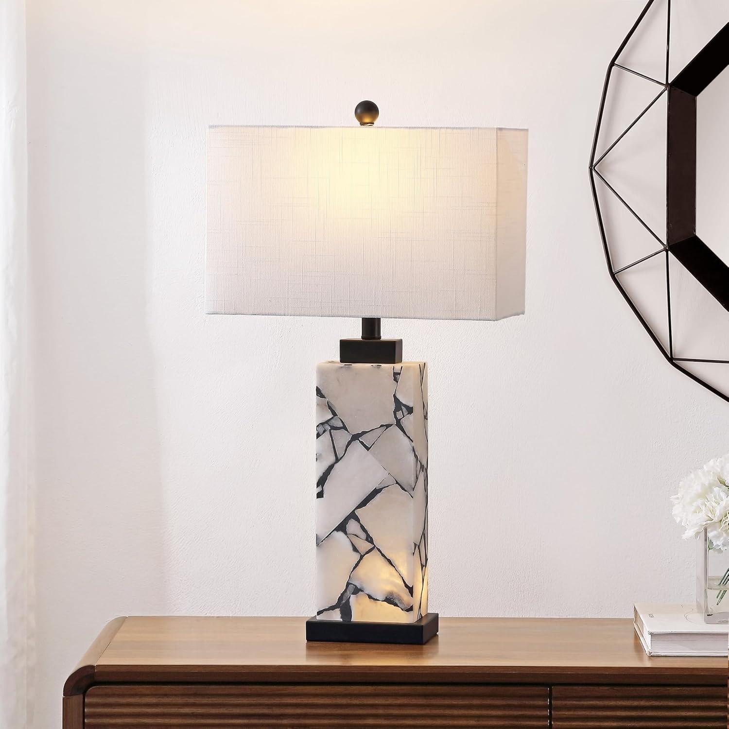 image:imageJONATHAN Y 275 Black Alabaster Gold Rectangular Table Lamp with Night Light Contemporary Coastal Bedside Lamp for Bedroom with White Linen Shade LED Bulbs Included JYL6201CWhiteBlack