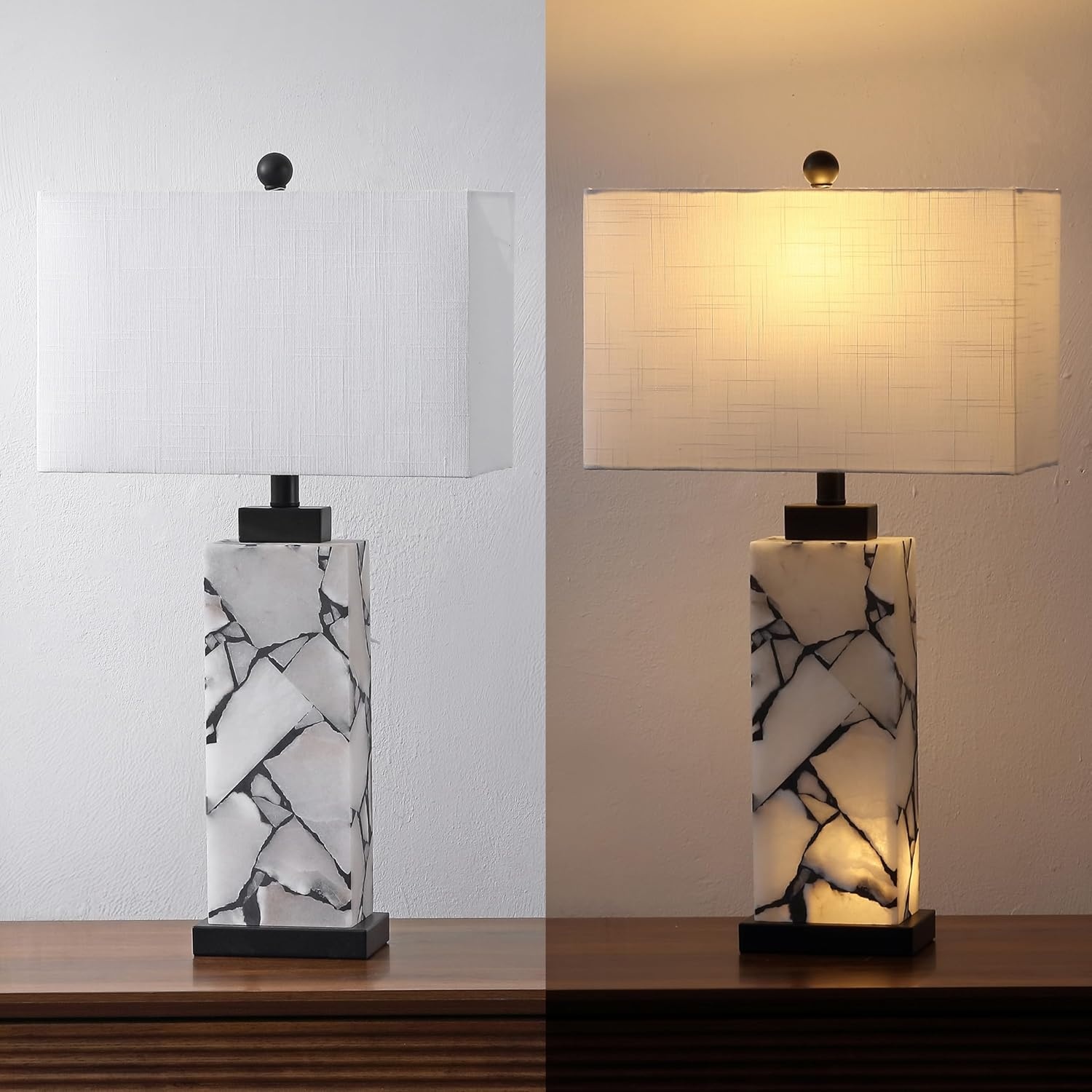 image:imageJONATHAN Y 275 Black Alabaster Gold Rectangular Table Lamp with Night Light Contemporary Coastal Bedside Lamp for Bedroom with White Linen Shade LED Bulbs Included JYL6201CWhiteBlack