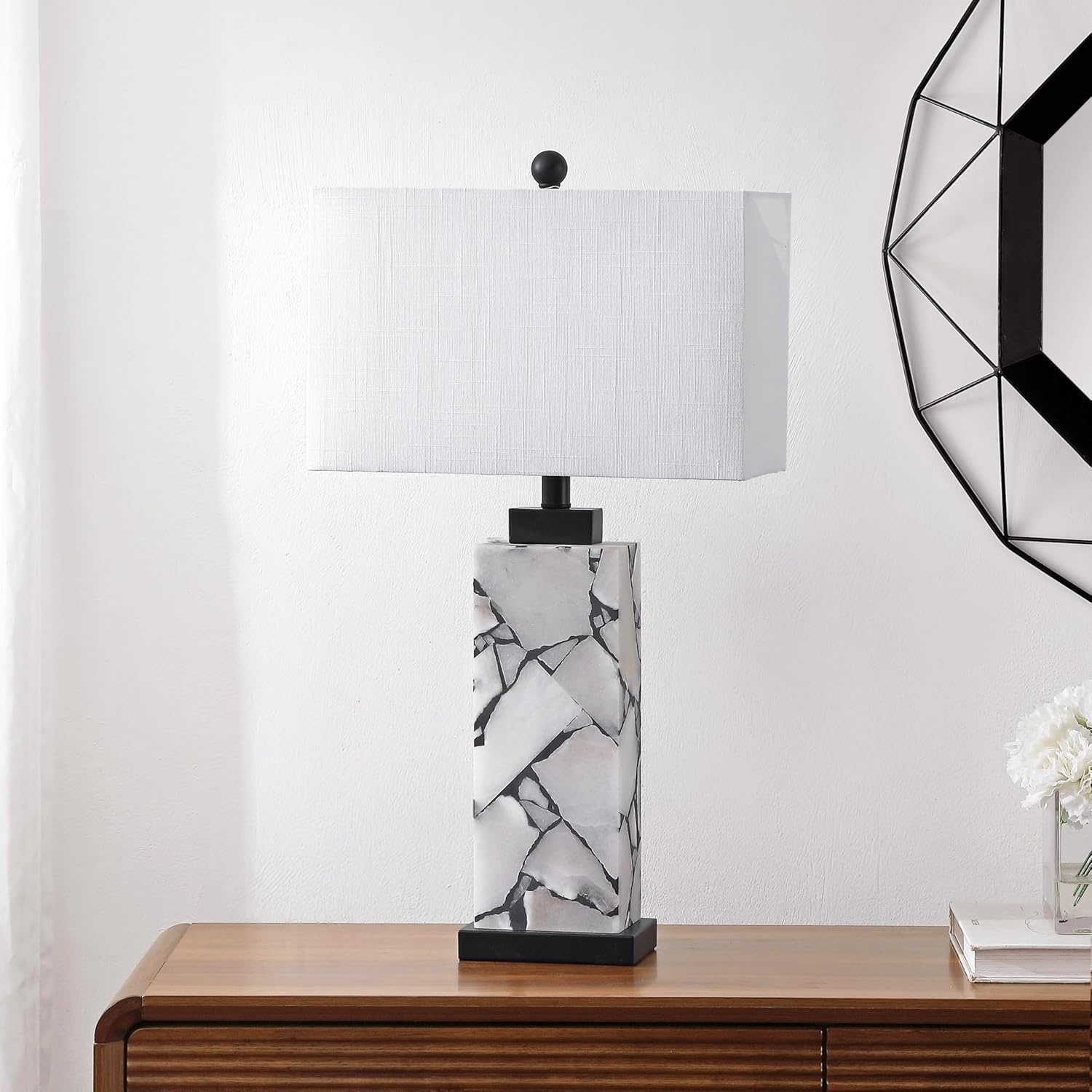 image:imageJONATHAN Y 275 Black Alabaster Gold Rectangular Table Lamp with Night Light Contemporary Coastal Bedside Lamp for Bedroom with White Linen Shade LED Bulbs Included JYL6201CWhiteBlack