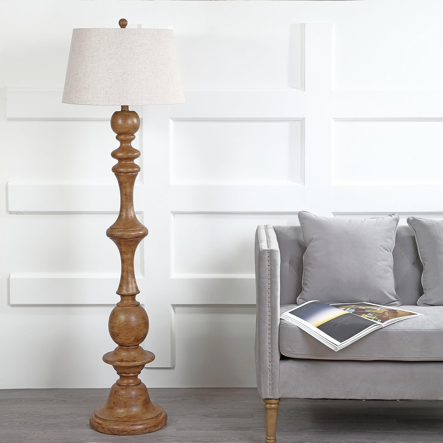 image:imageJONATHAN Y 67 Wash Gray Resin Candlestick Floor Lamp Farmhouse Rustic Traditional Standing Lamp for Living Room with Wash Gray Linen Empire Shade LED Bulb Included JYL3000CBrown