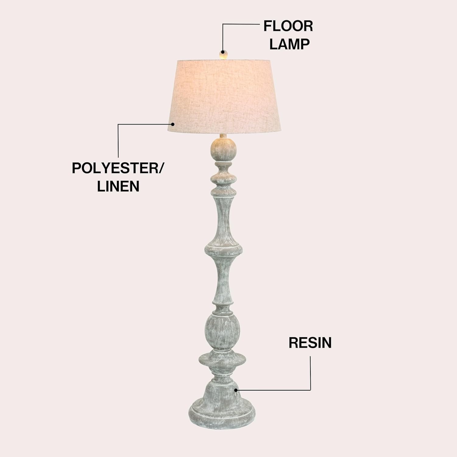 image:imageJONATHAN Y 67 Wash Gray Resin Candlestick Floor Lamp Farmhouse Rustic Traditional Standing Lamp for Living Room with Wash Gray Linen Empire Shade LED Bulb Included JYL3000CGray Wash