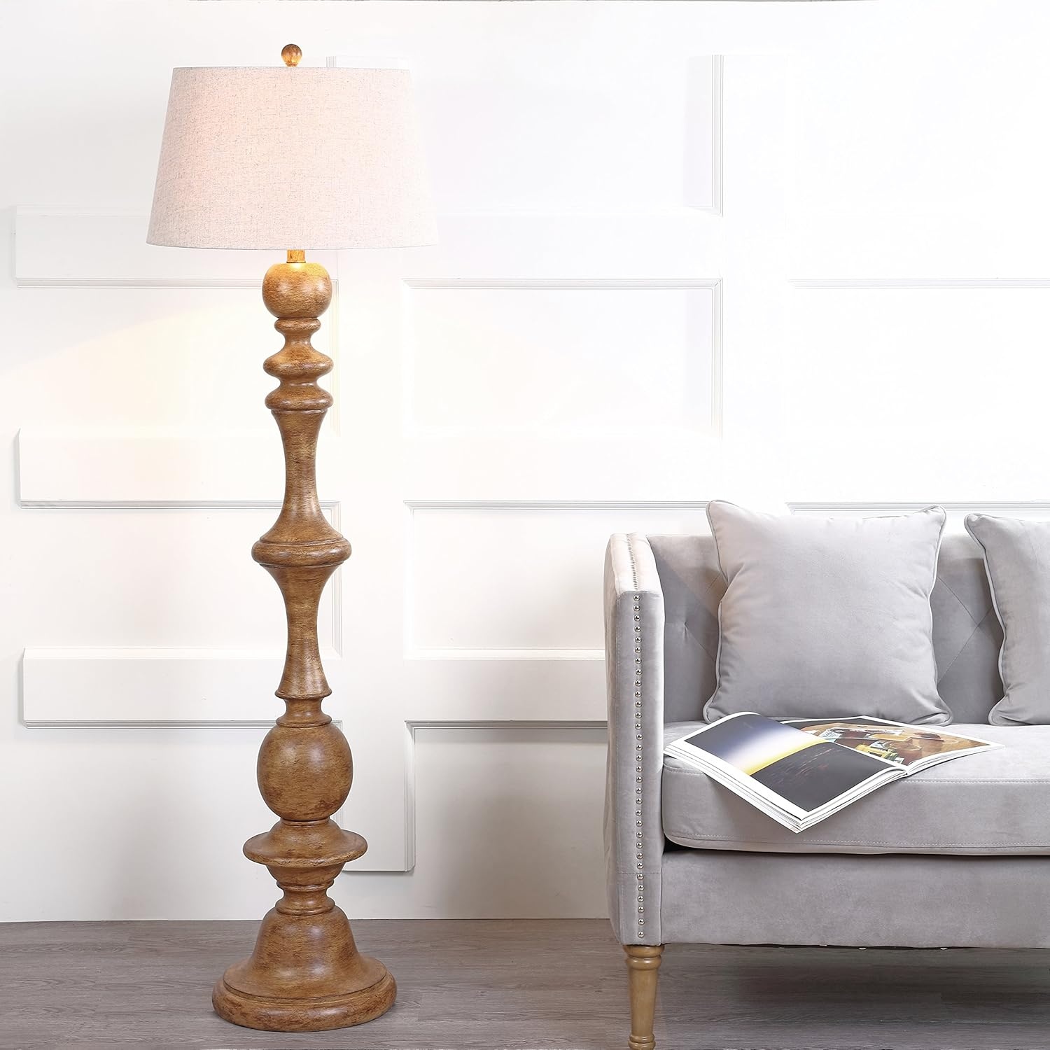 image:imageJONATHAN Y 67 Wash Gray Resin Candlestick Floor Lamp Farmhouse Rustic Traditional Standing Lamp for Living Room with Wash Gray Linen Empire Shade LED Bulb Included JYL3000CBrown