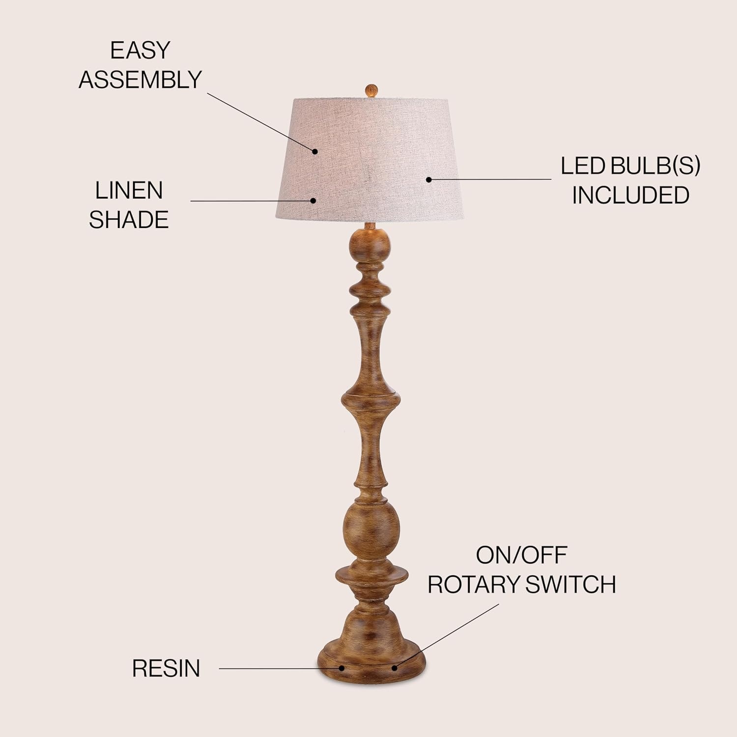 image:imageJONATHAN Y 67 Wash Gray Resin Candlestick Floor Lamp Farmhouse Rustic Traditional Standing Lamp for Living Room with Wash Gray Linen Empire Shade LED Bulb Included JYL3000CBrown