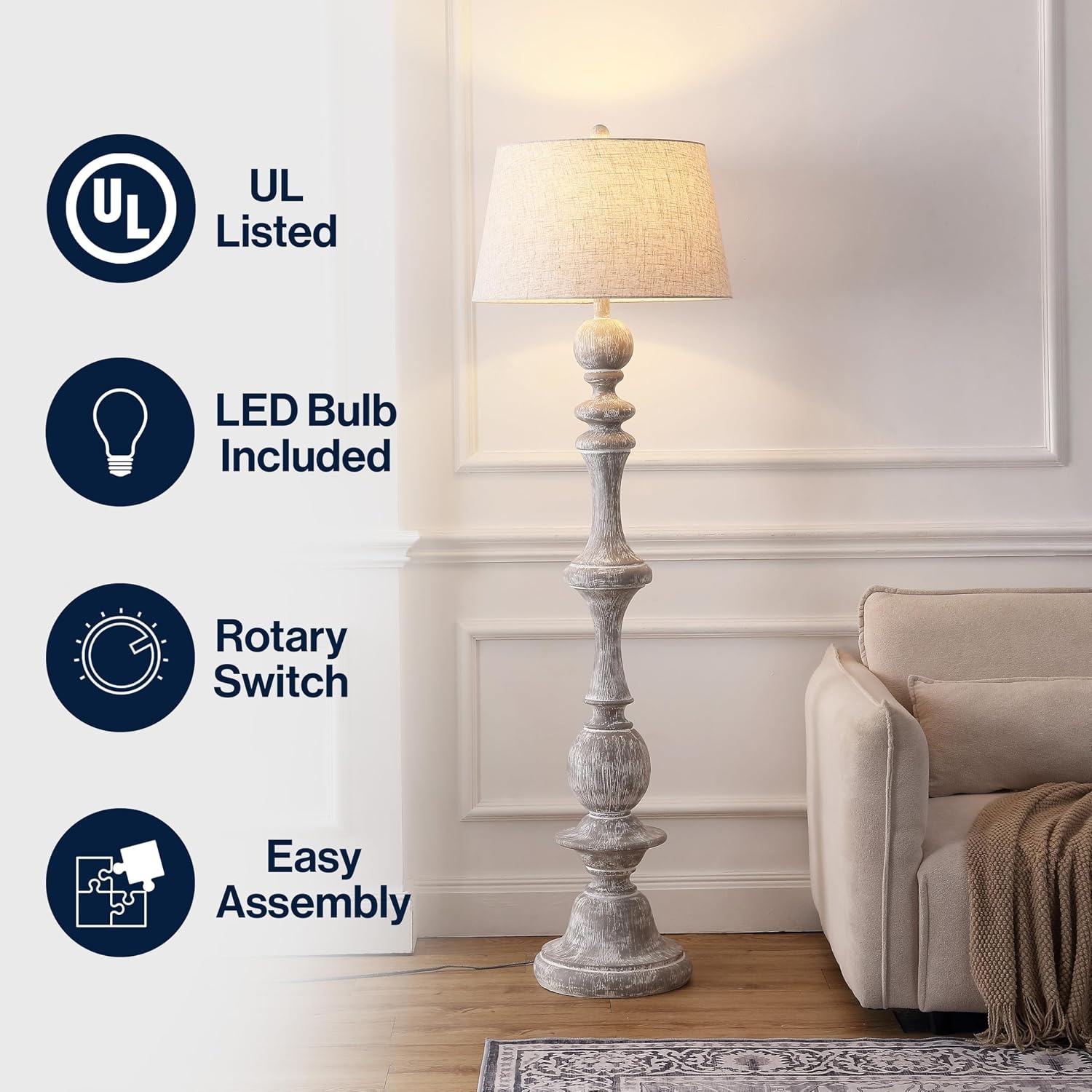 image:imageJONATHAN Y 67 Wash Gray Resin Candlestick Floor Lamp Farmhouse Rustic Traditional Standing Lamp for Living Room with Wash Gray Linen Empire Shade LED Bulb Included JYL3000CGray Wash