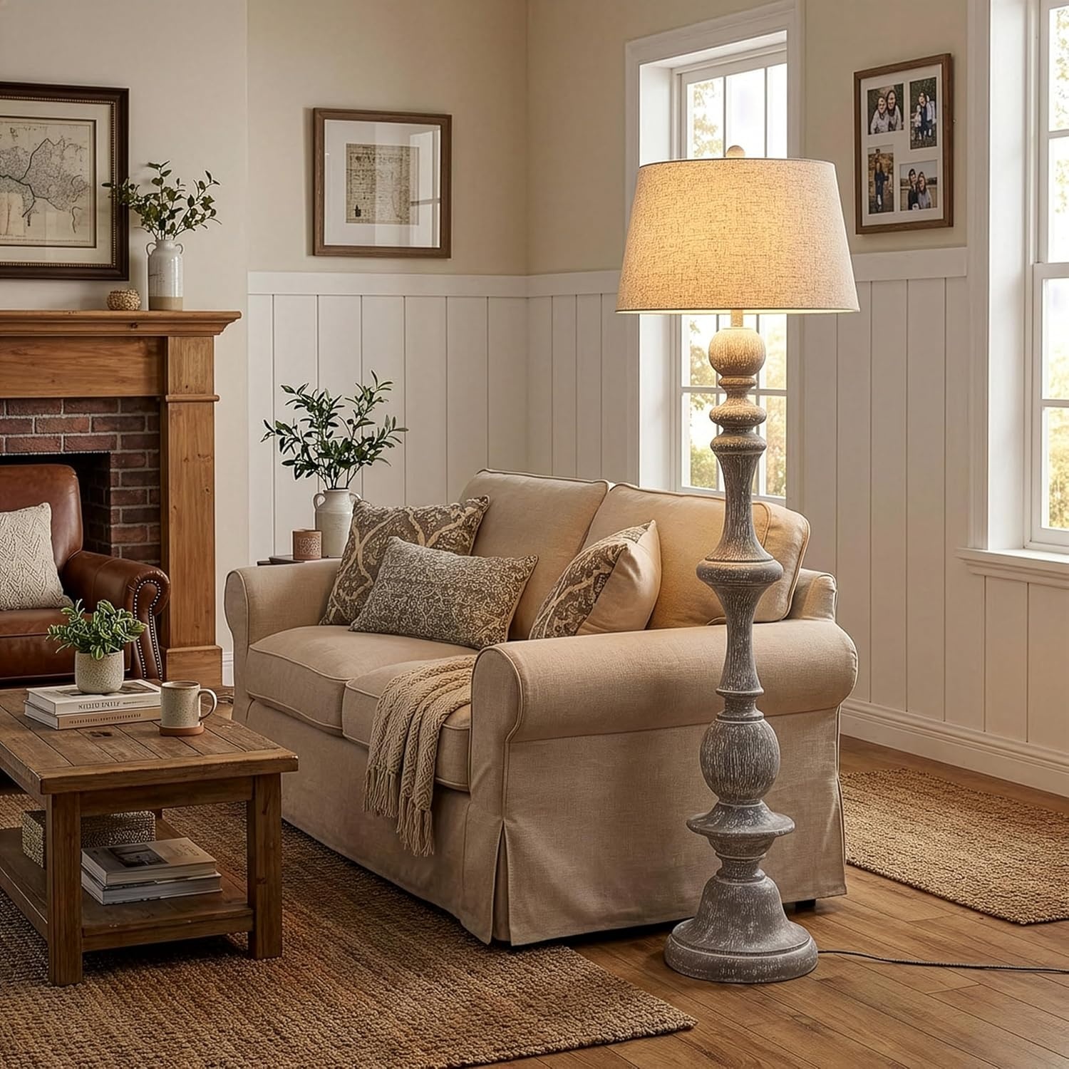 image:imageJONATHAN Y 67 Wash Gray Resin Candlestick Floor Lamp Farmhouse Rustic Traditional Standing Lamp for Living Room with Wash Gray Linen Empire Shade LED Bulb Included JYL3000CGray Wash