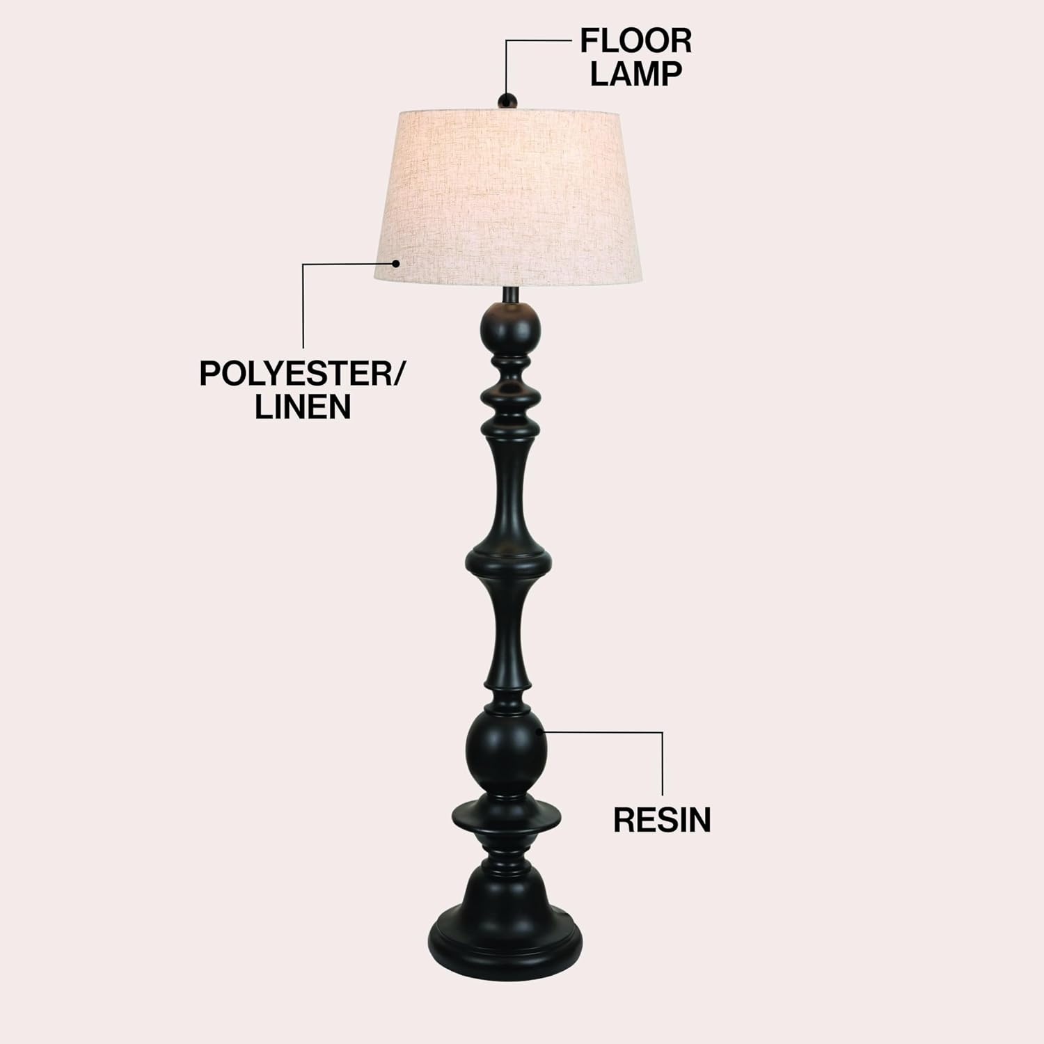 image:imageJONATHAN Y 67 Wash Gray Resin Candlestick Floor Lamp Farmhouse Rustic Traditional Standing Lamp for Living Room with Wash Gray Linen Empire Shade LED Bulb Included JYL3000CBlack