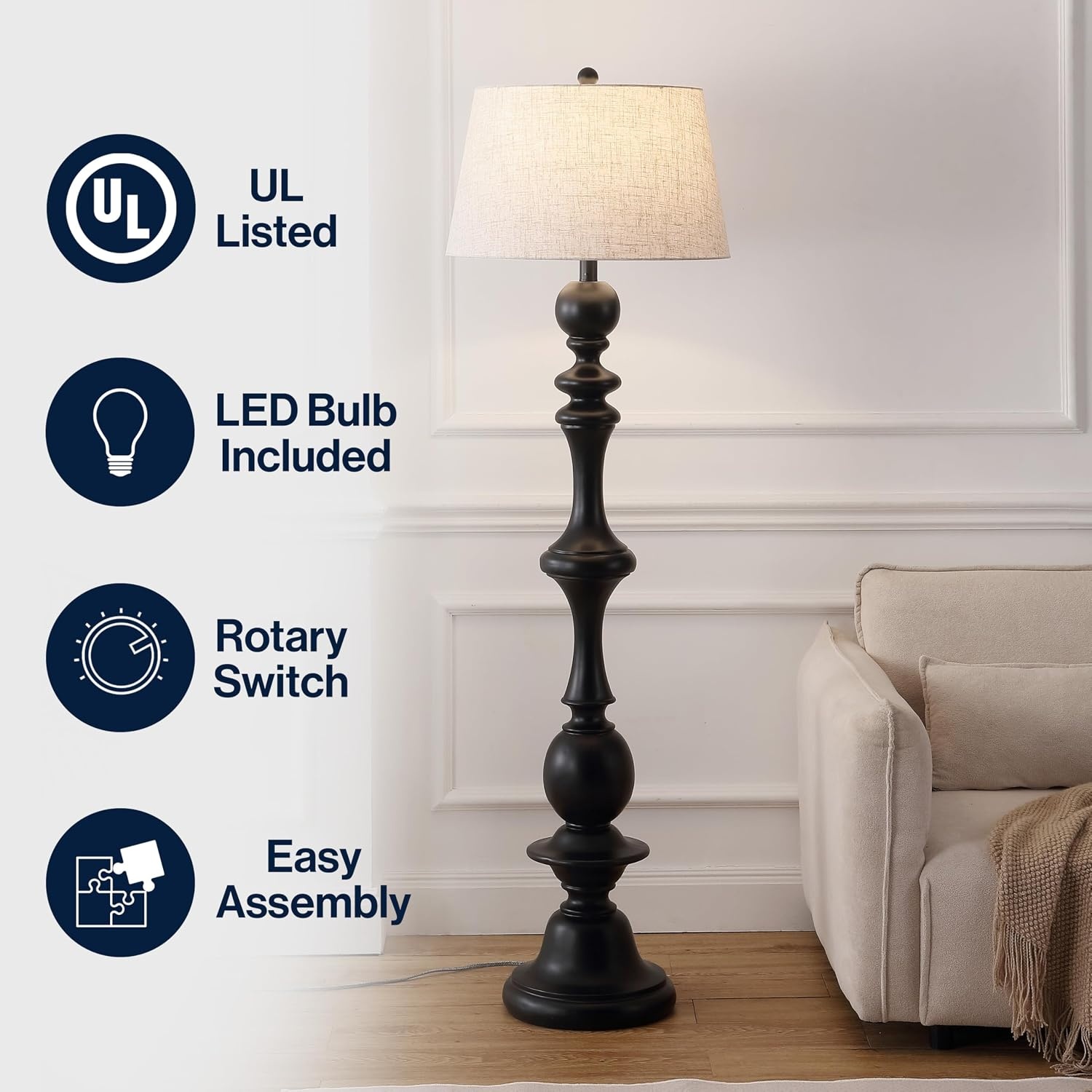 image:imageJONATHAN Y 67 Wash Gray Resin Candlestick Floor Lamp Farmhouse Rustic Traditional Standing Lamp for Living Room with Wash Gray Linen Empire Shade LED Bulb Included JYL3000CBlack