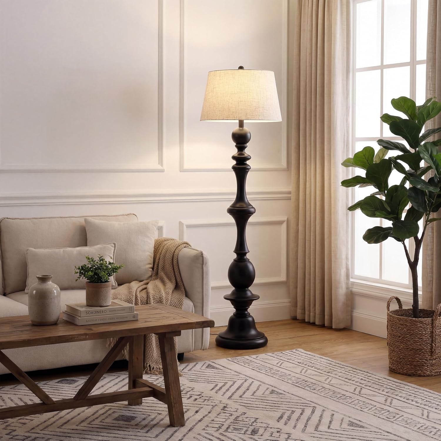 image:imageJONATHAN Y 67 Wash Gray Resin Candlestick Floor Lamp Farmhouse Rustic Traditional Standing Lamp for Living Room with Wash Gray Linen Empire Shade LED Bulb Included JYL3000CBlack