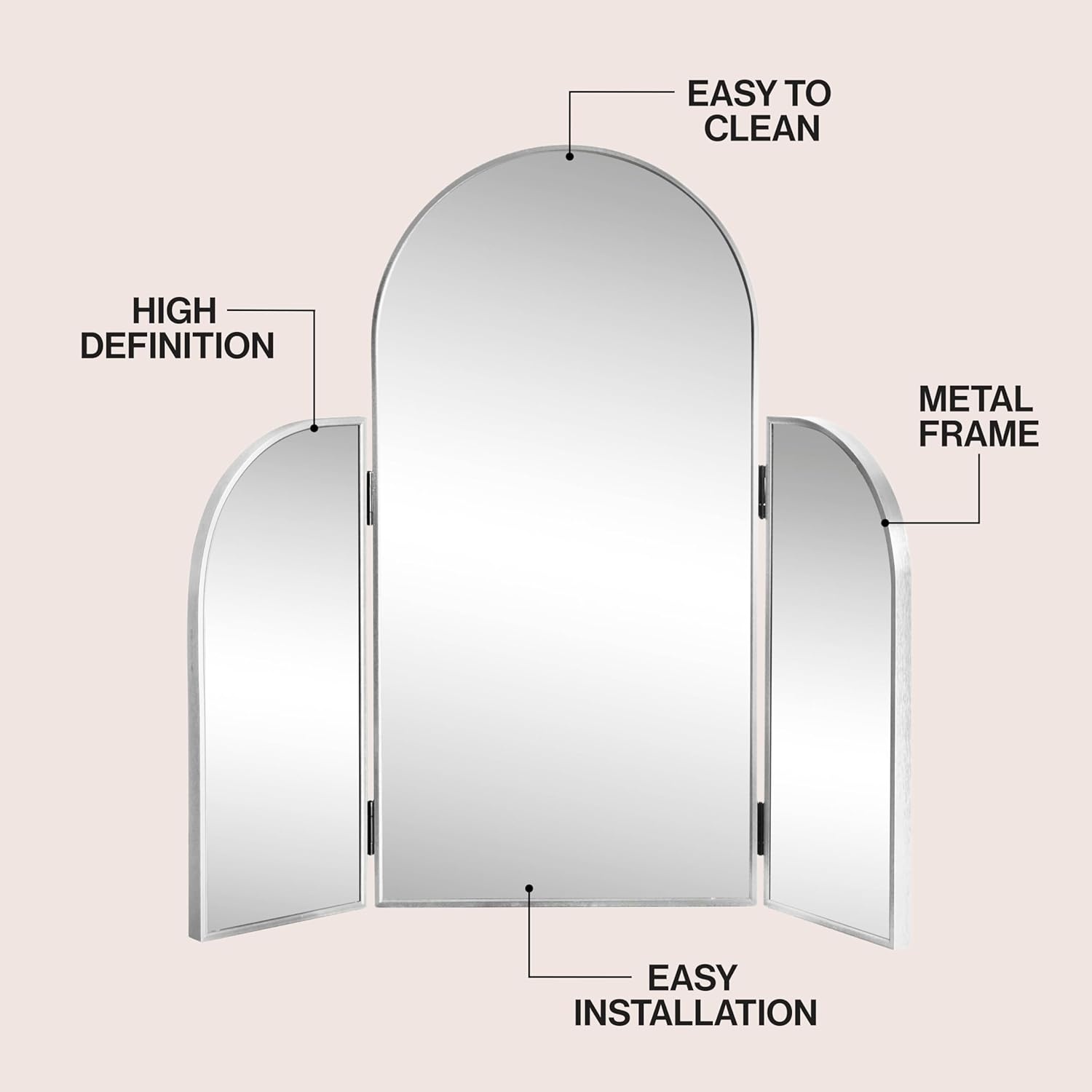 image:imageJONATHAN Y Arjen Aluminum Arch Trifold Vanity Mirror 28 x 28 Nickel with 3Way Adjustable Panels and HD Reflection for Tabletop and Wall Mount Modern Classic Home Decor MIR218CNickel