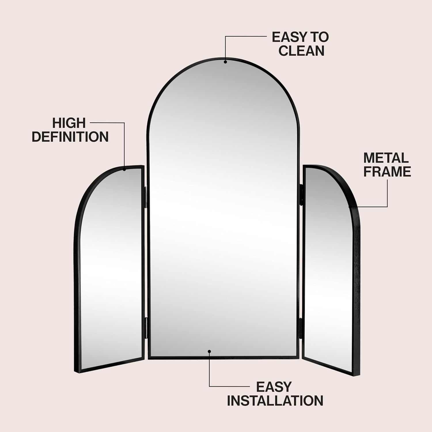 image:imageJONATHAN Y Arjen Aluminum Arch Trifold Vanity Mirror 28 x 28 Nickel with 3Way Adjustable Panels and HD Reflection for Tabletop and Wall Mount Modern Classic Home Decor MIR218CBlack