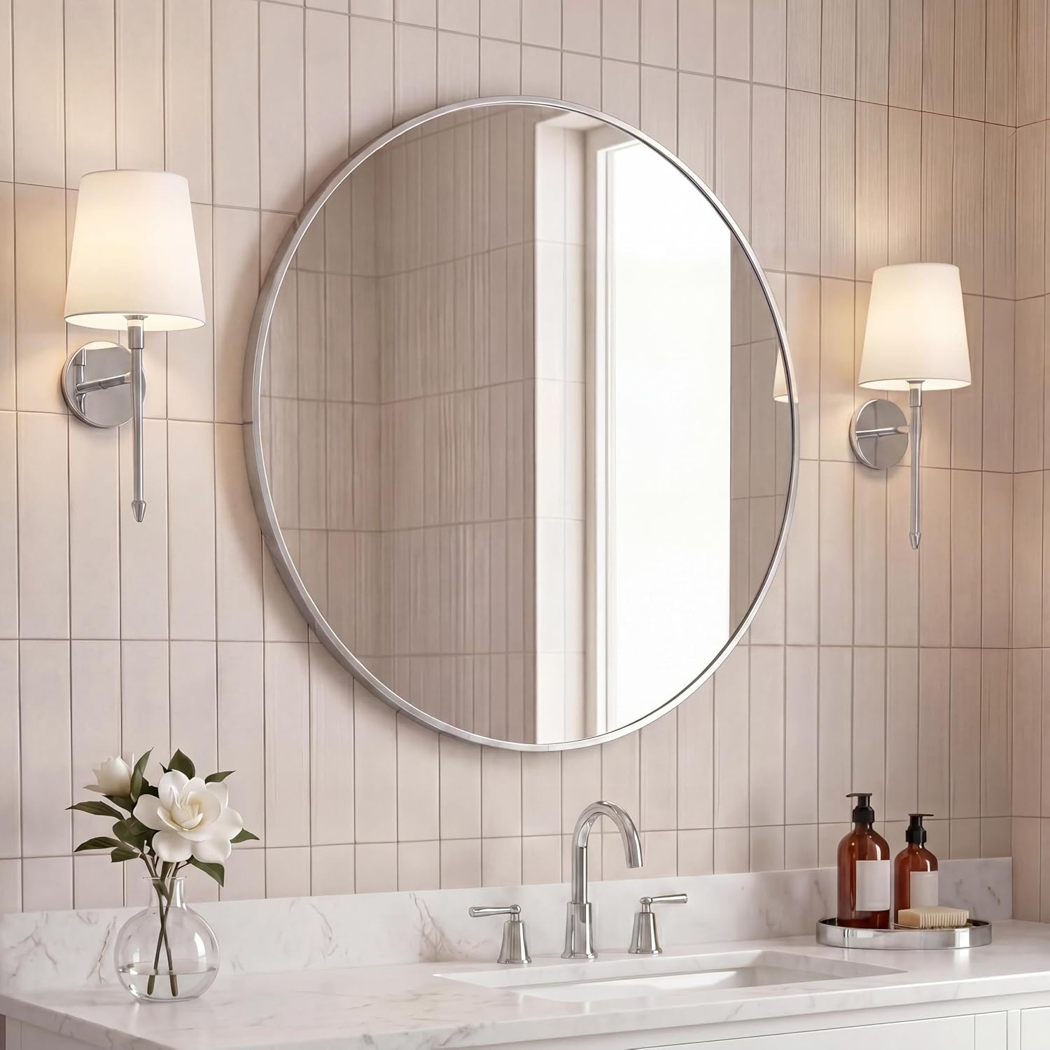 image:imageJONATHAN Y Eclipse Aluminum Metal Framed Round Wall Mirror 24 Gold Circle Wall Mounted Vanity Mirror for Bathroom Entryway and Living Room with Modern Minimalist Design and HD Glass MIR222BNickel