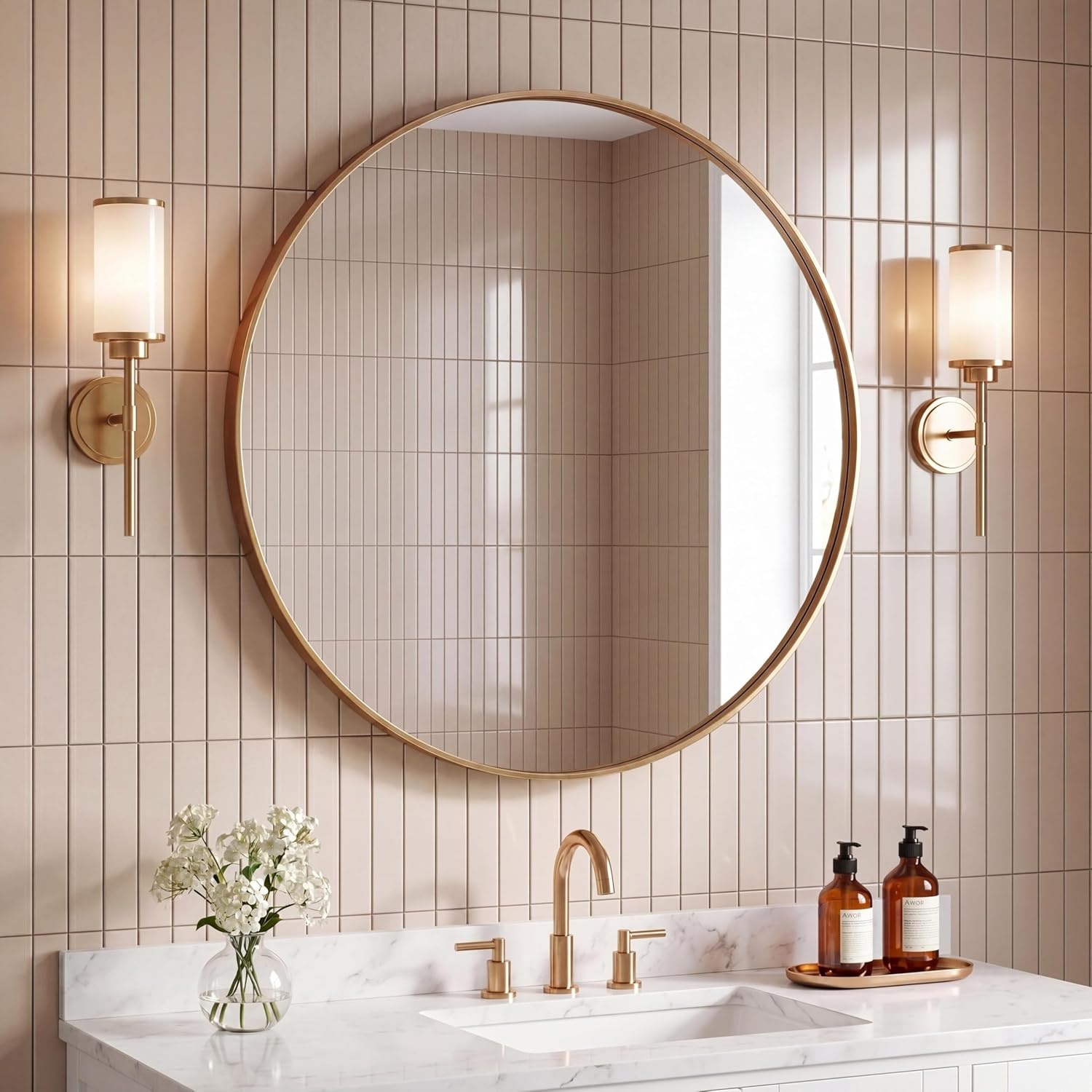 image:imageJONATHAN Y Eclipse Aluminum Metal Framed Round Wall Mirror 24 Gold Circle Wall Mounted Vanity Mirror for Bathroom Entryway and Living Room with Modern Minimalist Design and HD Glass MIR222BGold