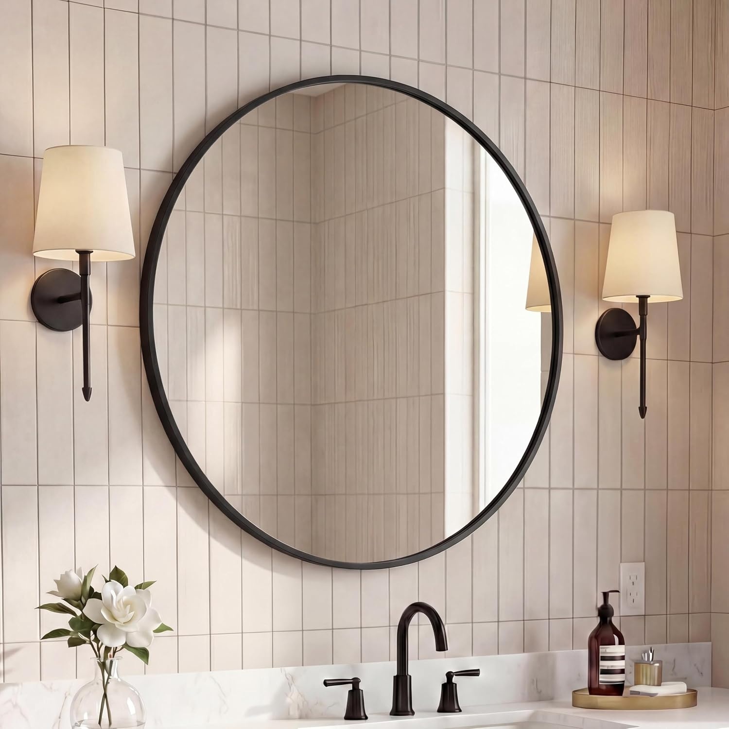 image:imageJONATHAN Y Eclipse Aluminum Metal Framed Round Wall Mirror 24 Gold Circle Wall Mounted Vanity Mirror for Bathroom Entryway and Living Room with Modern Minimalist Design and HD Glass MIR222BBlack