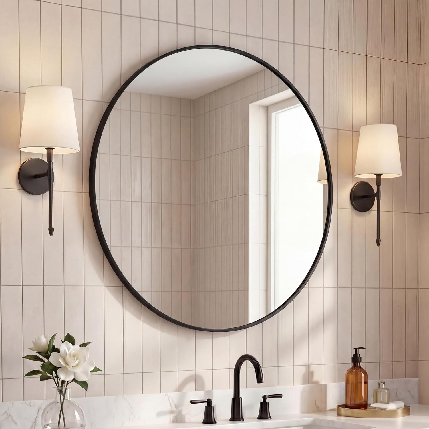 image:imageJONATHAN Y Eclipse Aluminum Metal Framed Round Wall Mirror 24 Gold Circle Wall Mounted Vanity Mirror for Bathroom Entryway and Living Room with Modern Minimalist Design and HD Glass MIR222BBlack