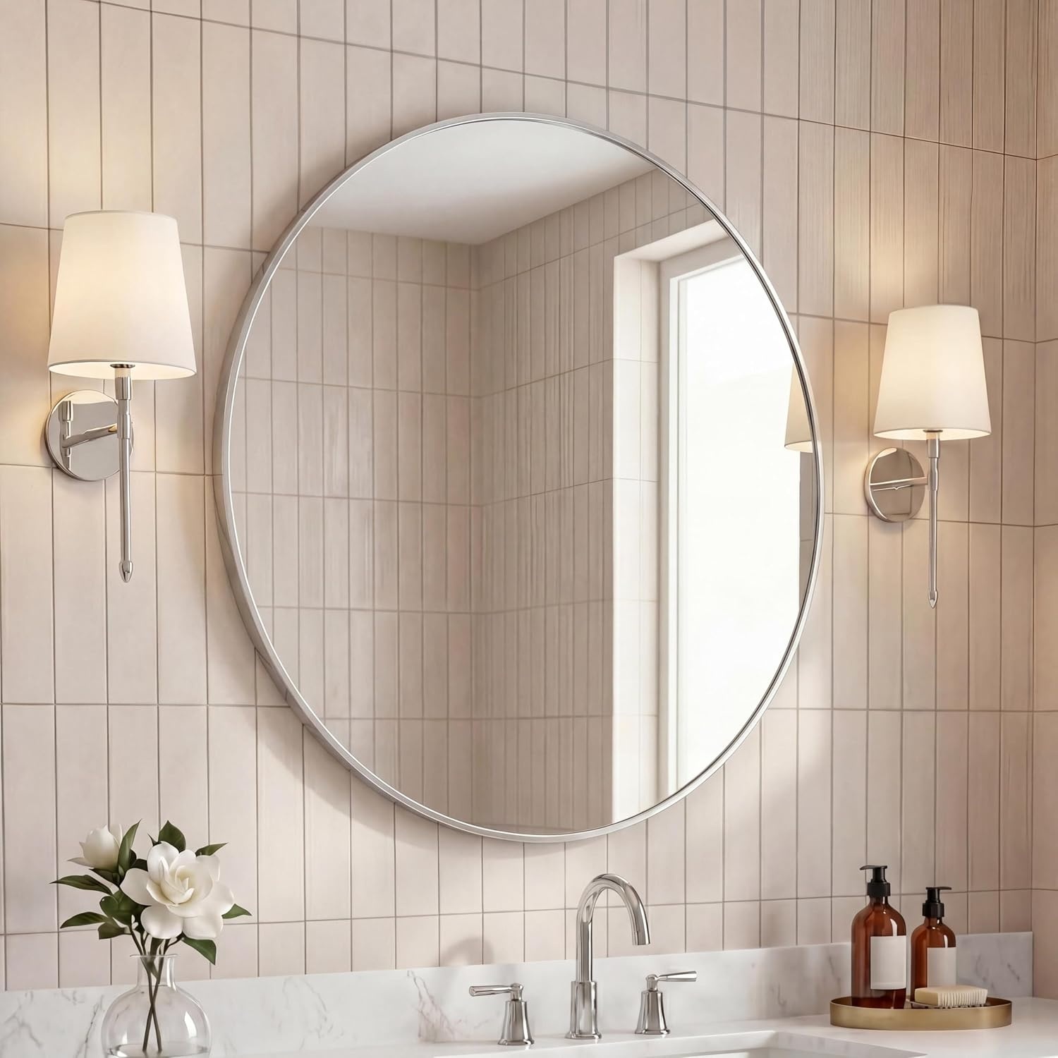 image:imageJONATHAN Y Eclipse Aluminum Metal Framed Round Wall Mirror 24 Gold Circle Wall Mounted Vanity Mirror for Bathroom Entryway and Living Room with Modern Minimalist Design and HD Glass MIR222BNickel