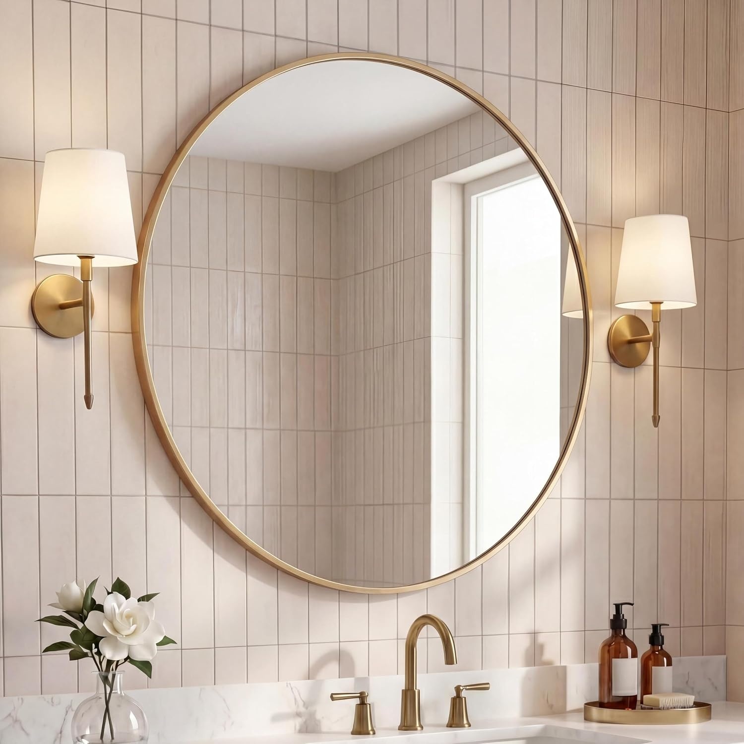 image:imageJONATHAN Y Eclipse Aluminum Metal Framed Round Wall Mirror 24 Gold Circle Wall Mounted Vanity Mirror for Bathroom Entryway and Living Room with Modern Minimalist Design and HD Glass MIR222BGold