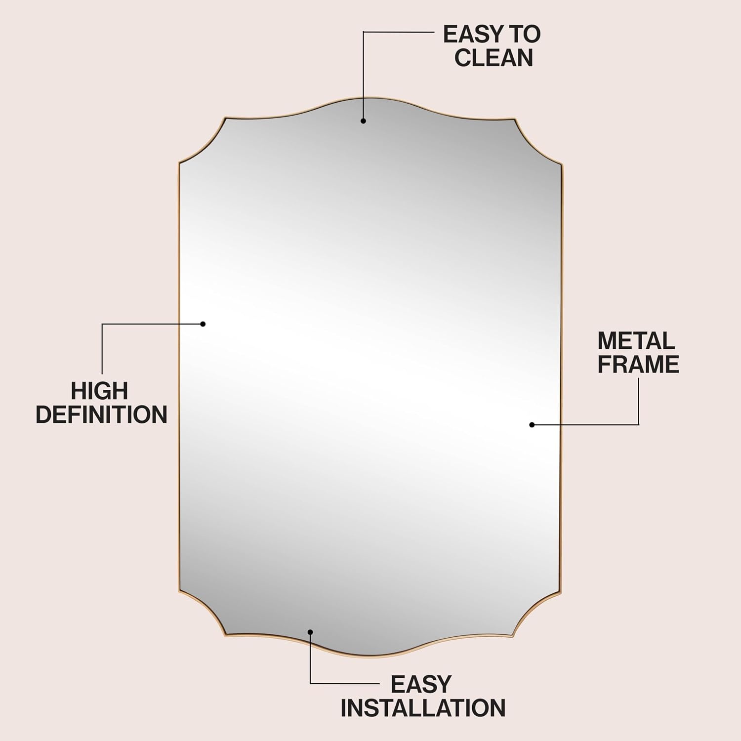 image:imageJONATHAN Y Hedge Aluminum Metal Wall Mounted Mirror 24 x 36 Glossy Nickel Crested Scallop Modern Frame with HD Reflection Horizontal or Vertical Hanging for Living Room MIR231CGold
