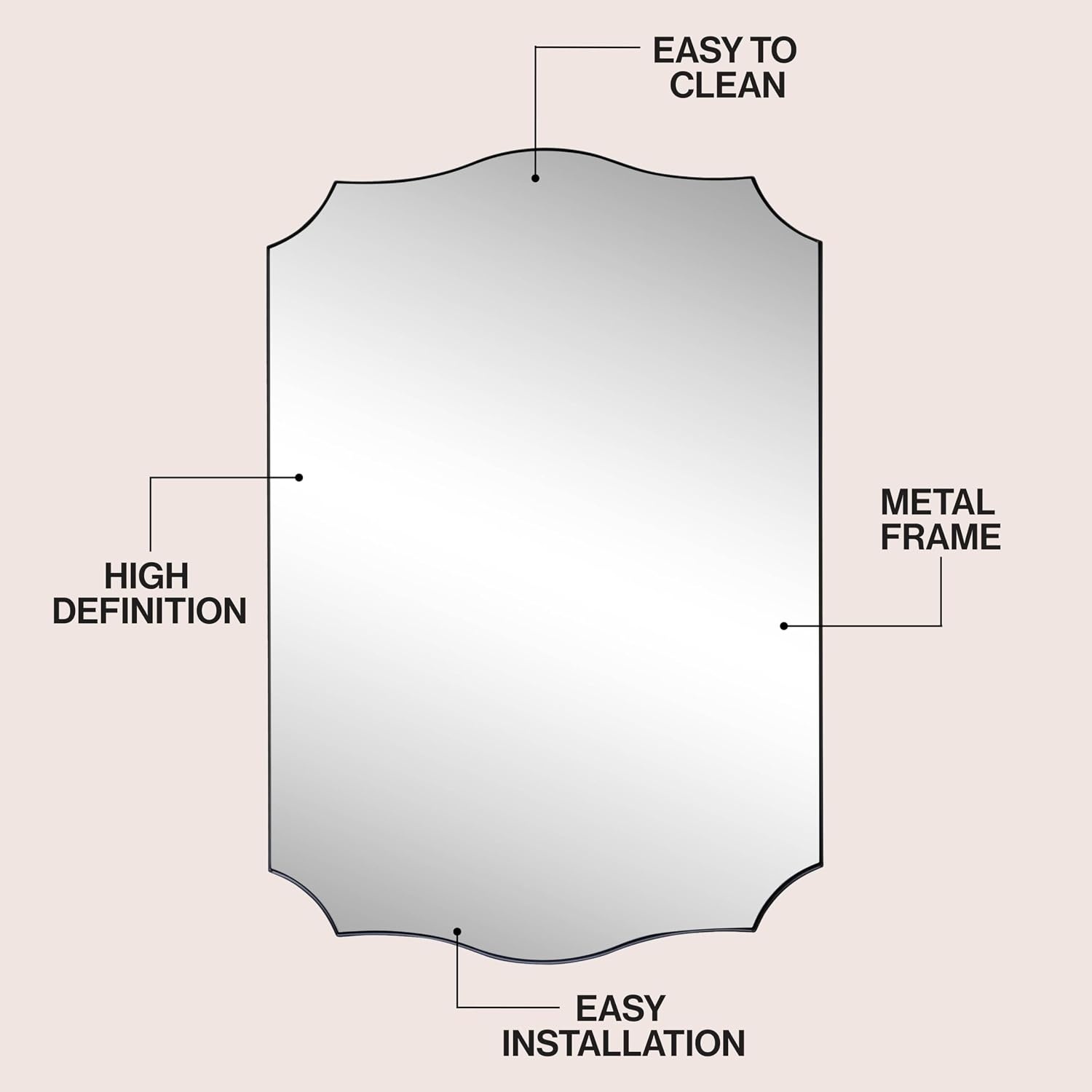 image:imageJONATHAN Y Hedge Aluminum Metal Wall Mounted Mirror 24 x 36 Glossy Nickel Crested Scallop Modern Frame with HD Reflection Horizontal or Vertical Hanging for Living Room MIR231CBlack