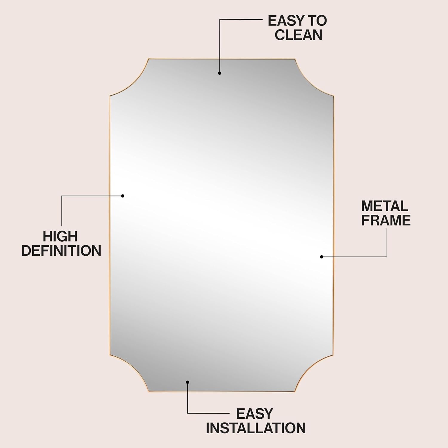 image:imageJONATHAN Y Helga Aluminum Metal Wall Mounted Mirror 24 x 36 Rectangular Scallop Beveled Corner with HD Glass for Living Room and Bedroom Modern Glossy Gold Finish Decorative Vanity Mirror MIR230BGold