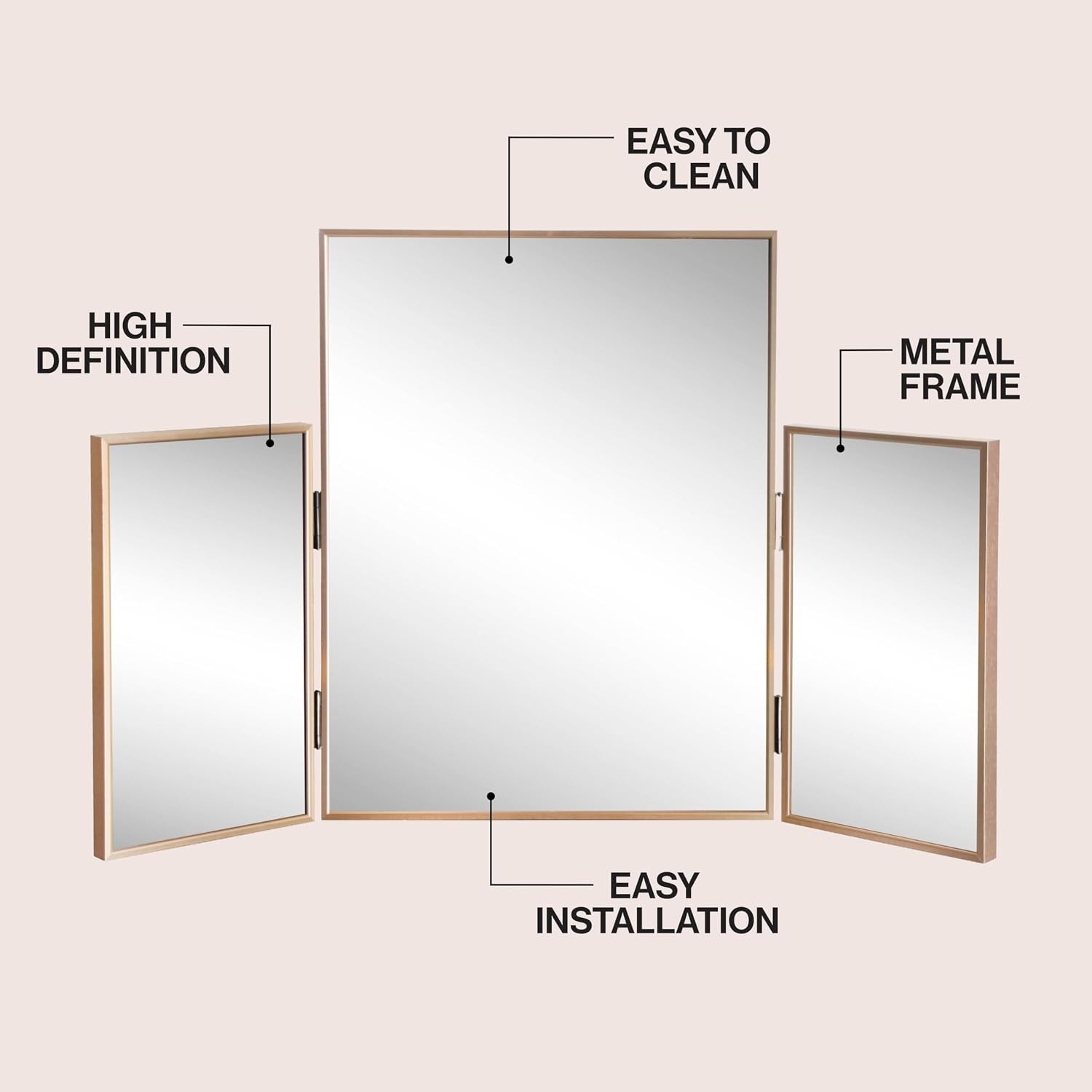 image:imageJONATHAN Y Orthos Aluminum 3Way Trifold Vanity Mirror 30 x 20 Gold Rectangular Metal Framed Adjustable Mirror for Tabletop and Wall Mount Modern Glam for Dressing Room and Bedroom MIR219BGold