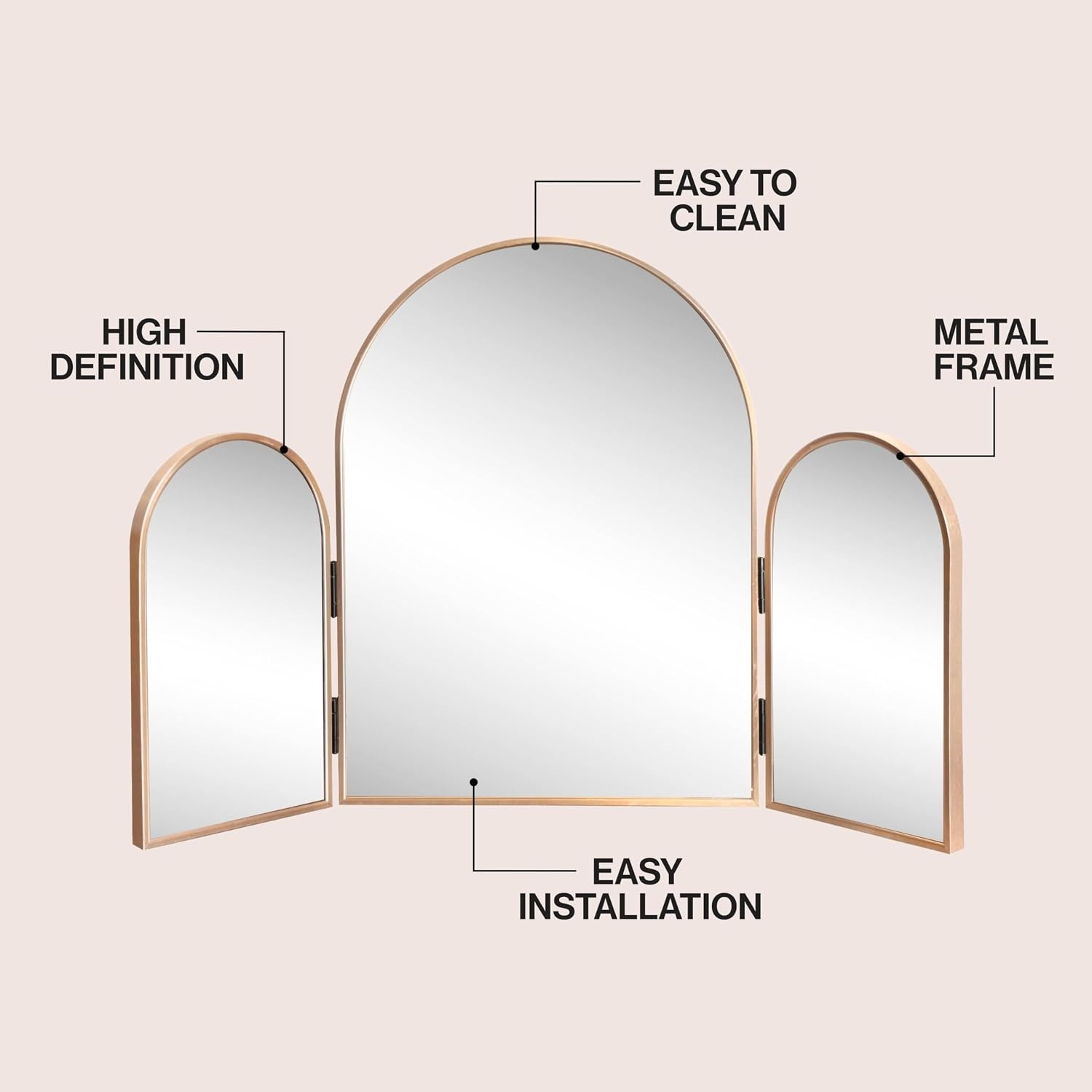 image:imageJONATHAN Y Verity Aluminum Arched Trifold Vanity Mirror Glossy Black 30 x 20 Modern Tabletop and Wall Mount with Adjustable Side Panels and HD Glass for Bedroom and Dressing Room MIR220AGold