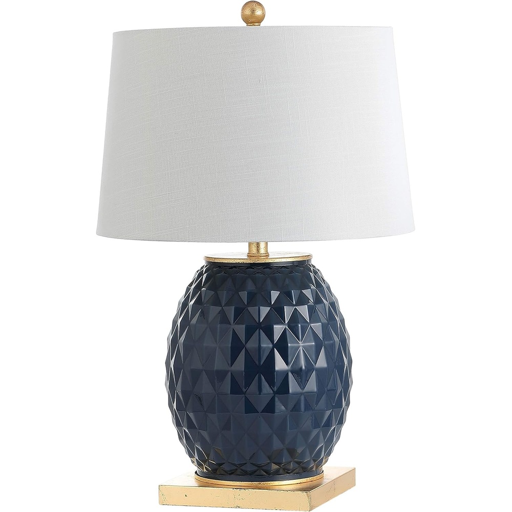 image:imageJONATHAN Y 255 NavyGold Leaf Modern Diamond Table Lamp for Living Room Bedroom Nightstand White Linen Drum Shade Gold Leaf Accents LED Bulb Included Glam Decor JYL5043BNavyGold